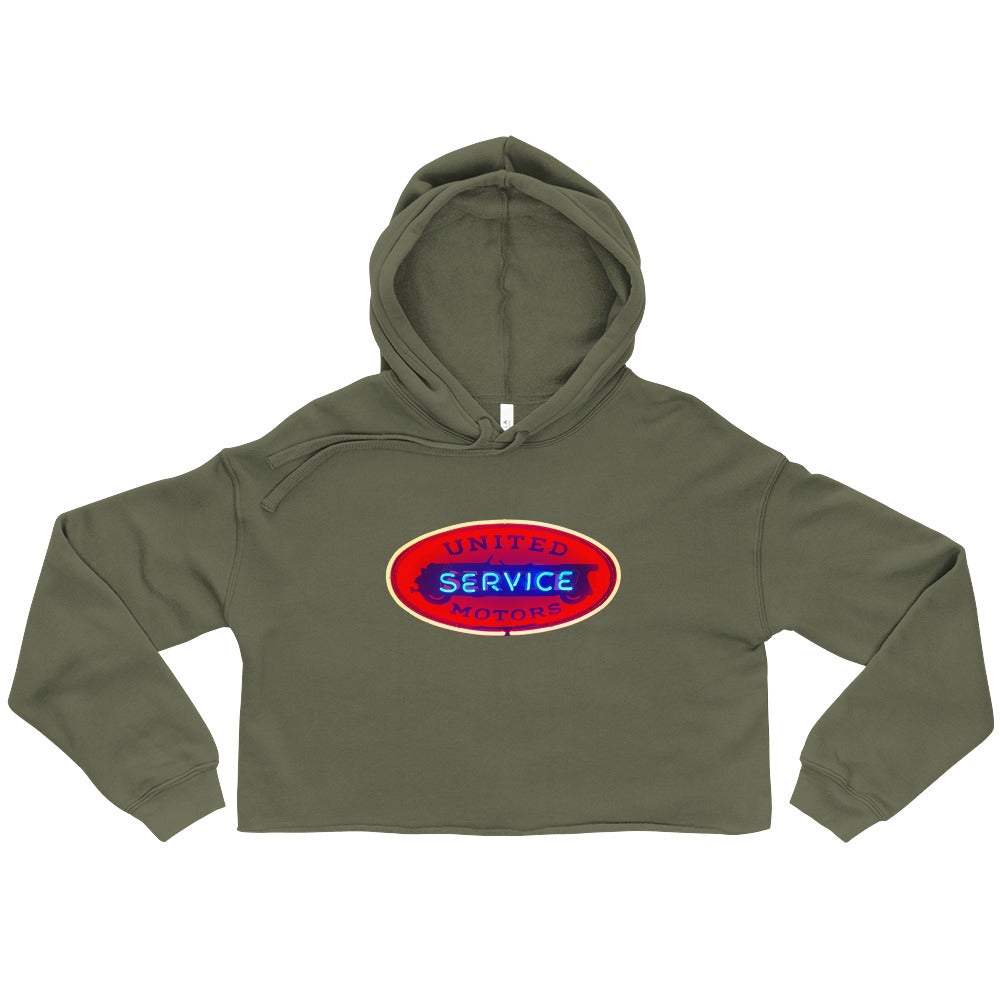Vintage United Service Motor Neon Style Lit Crop Hoodie
