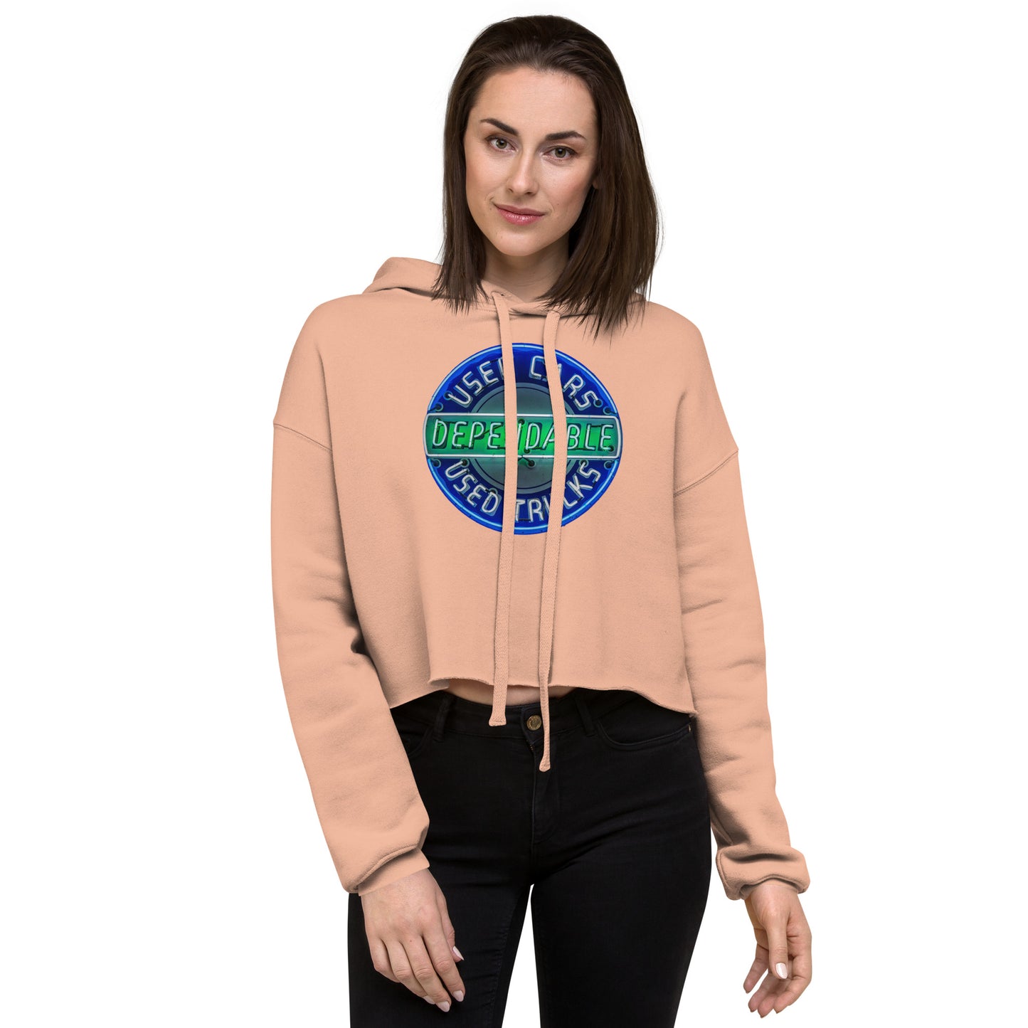 Retro Dependable Used Cars Neon Design Crop Hoodie