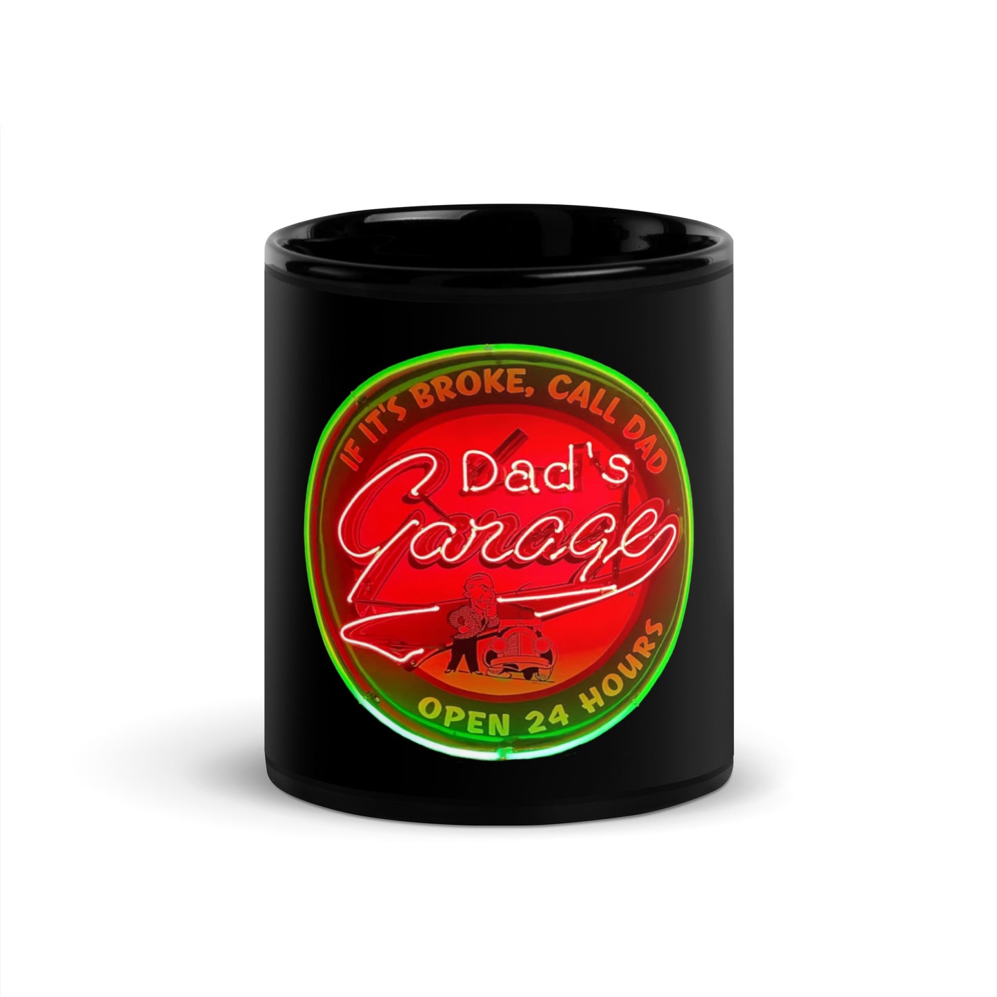 Dads Garage Retro Neon Sign Black Glossy Mug