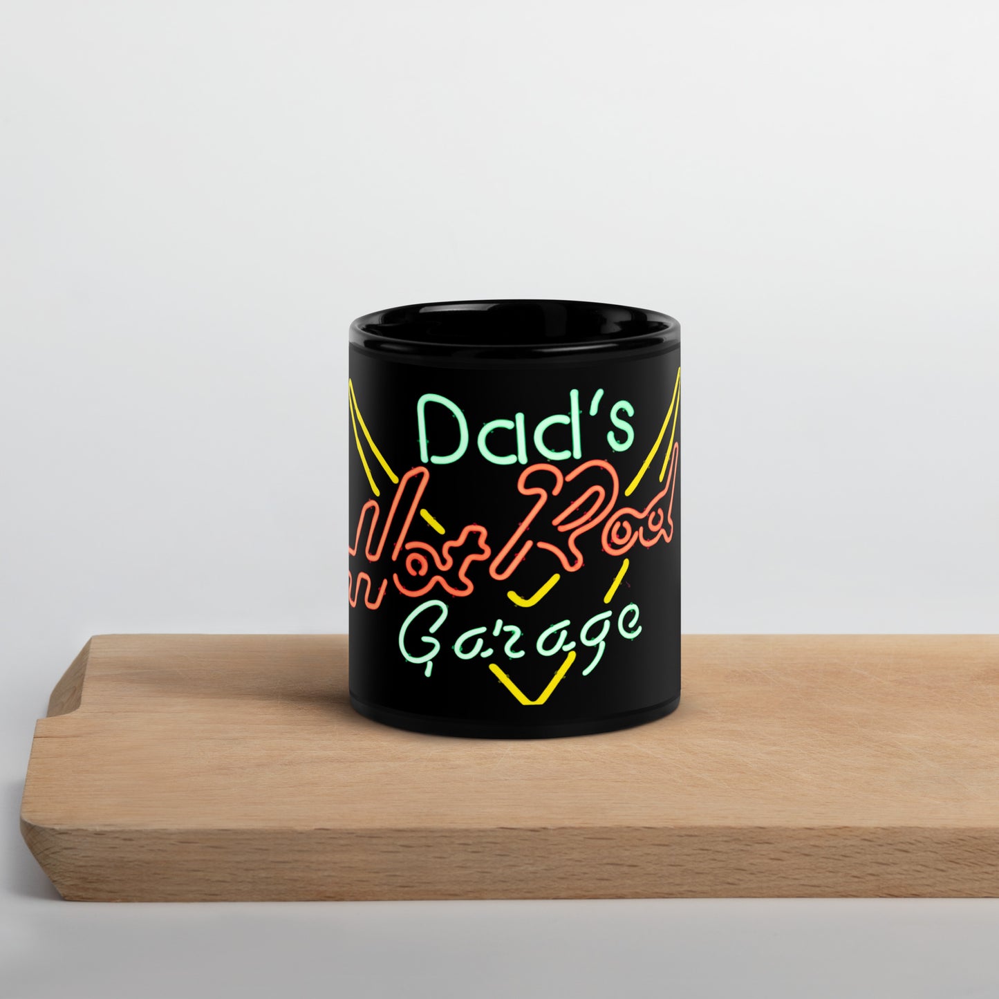 Dads Hot Rod Garage Retro Neon Sign Splatter Design Black Glossy Mug