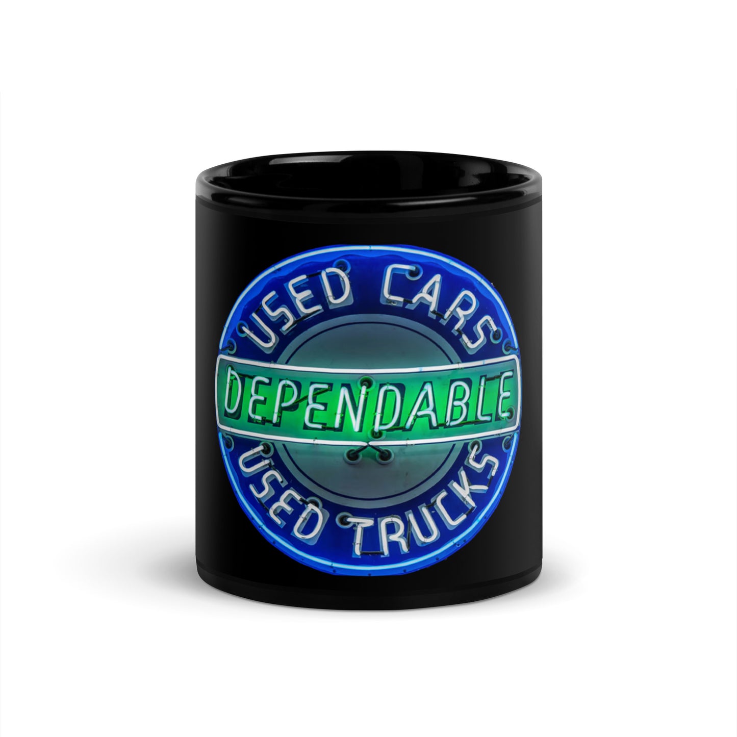 Retro Dependable Used Cars Neon Design Black Glossy Mug