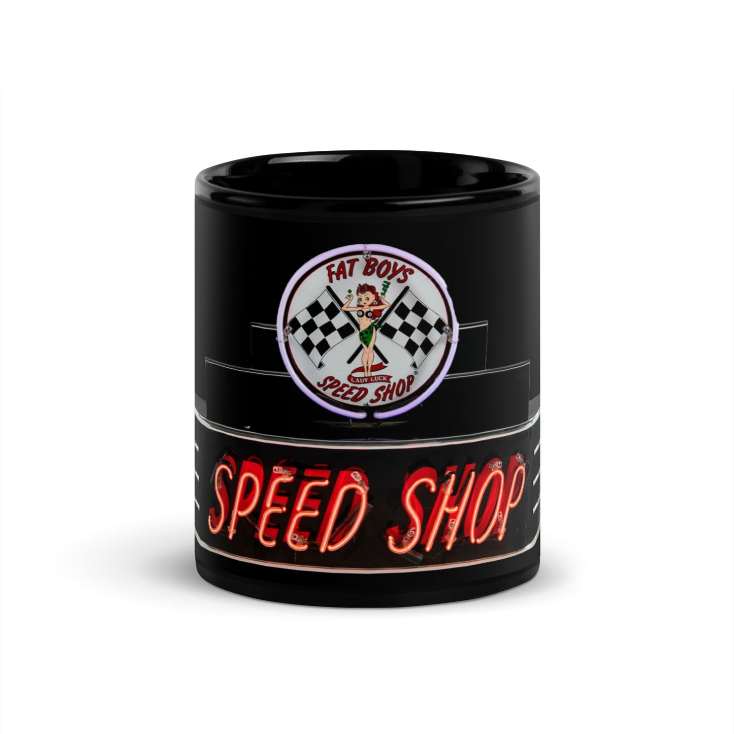 Vintage Neon Speed Shop Sign Black Glossy Mug