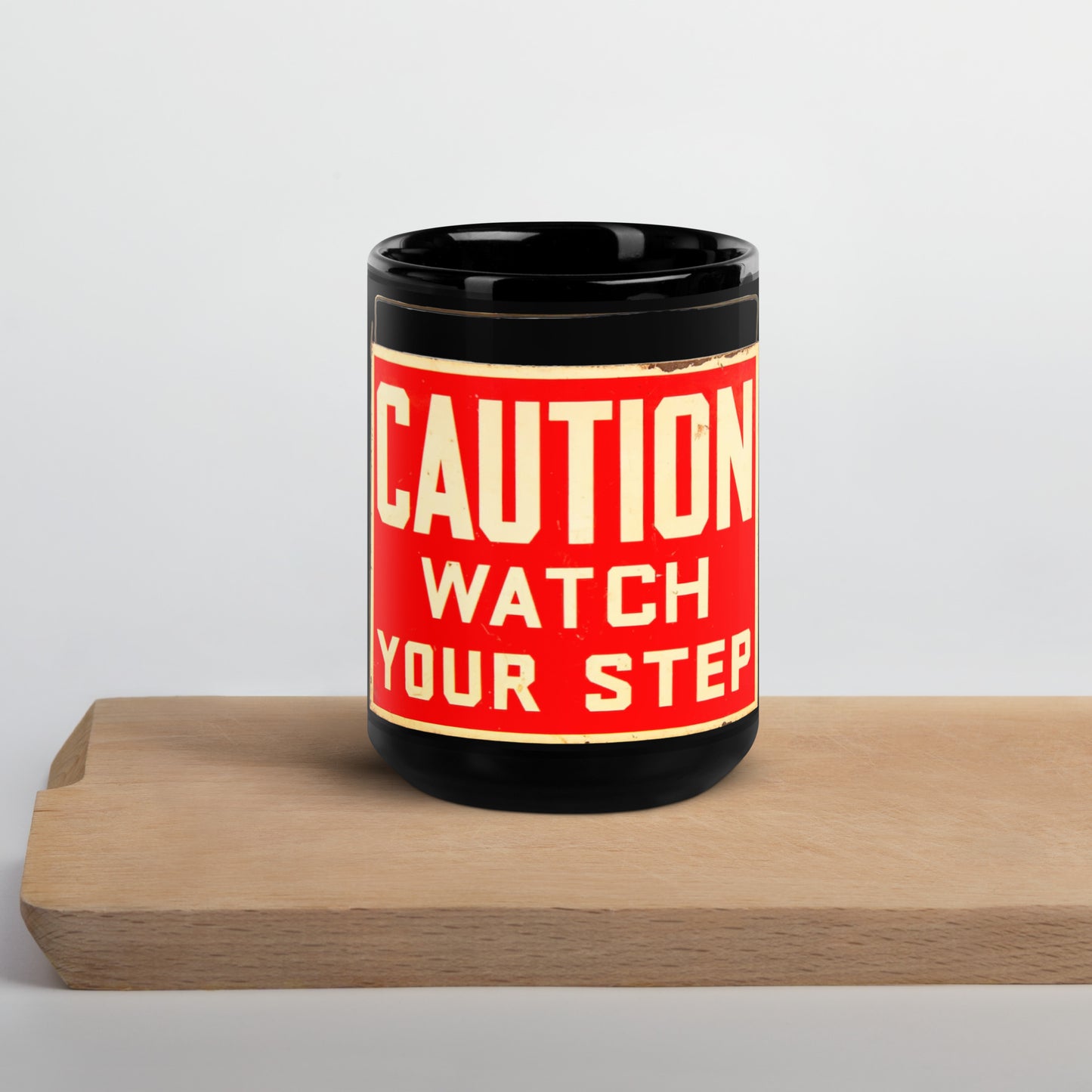 Vintage Wire Hung Caution Sign Black Glossy Mug