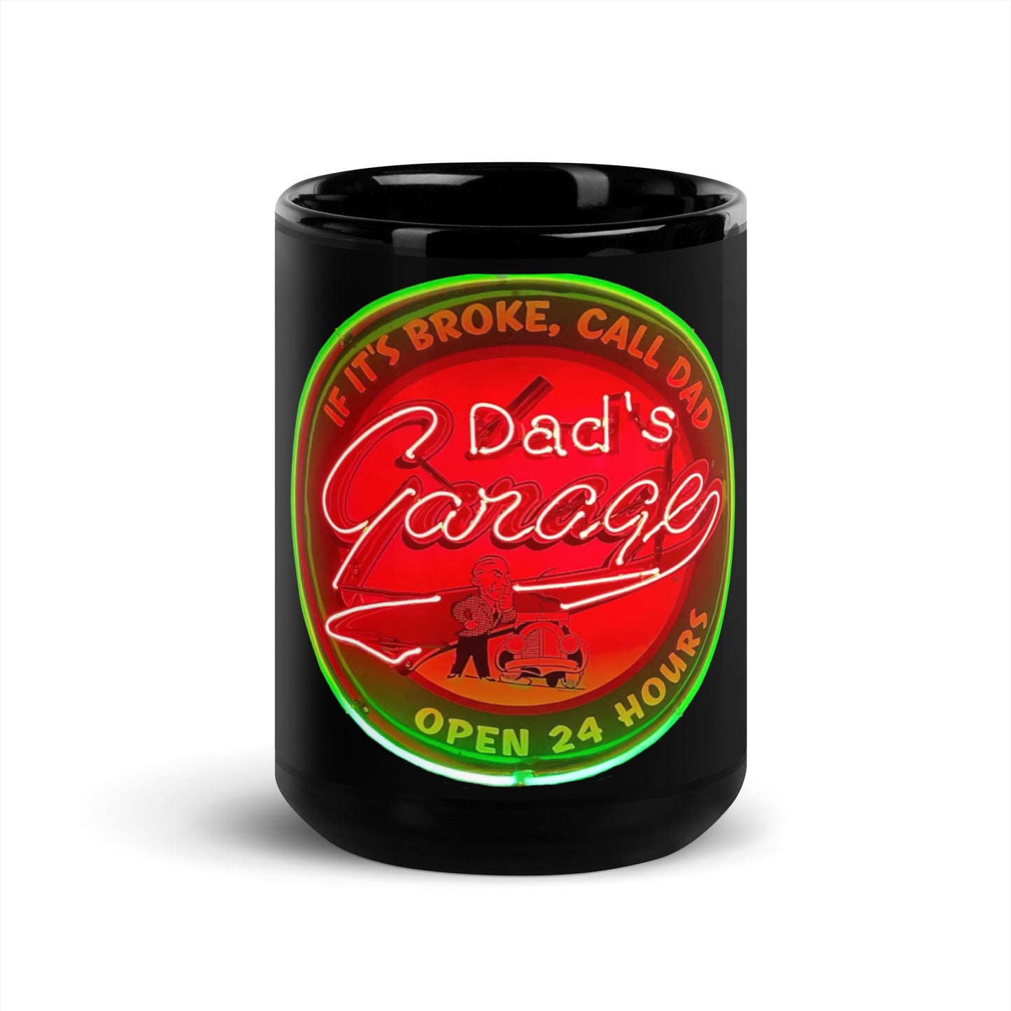 Dads Garage Retro Neon Sign Black Glossy Mug