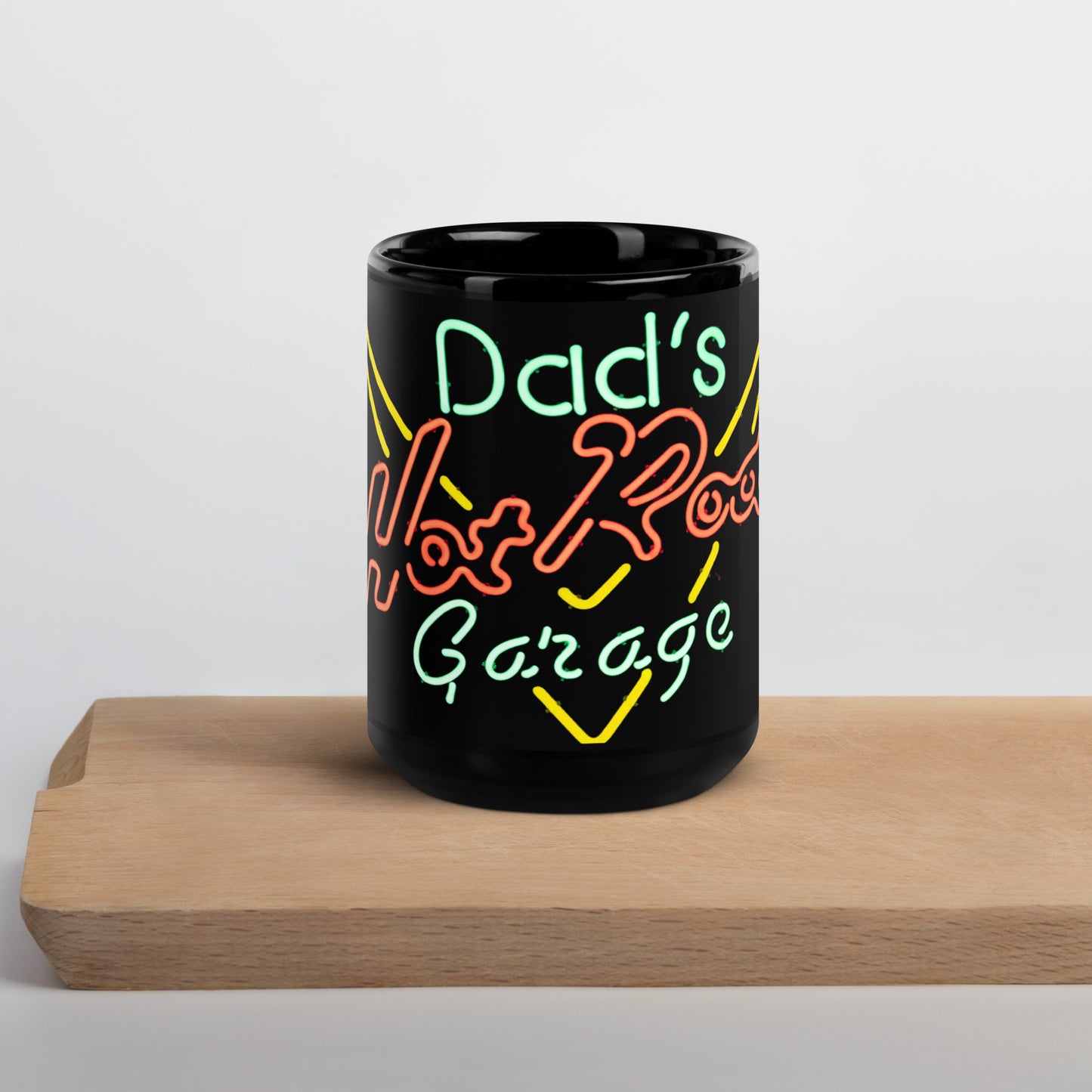 Dads Hot Rod Garage Retro Neon Sign Splatter Design Black Glossy Mug