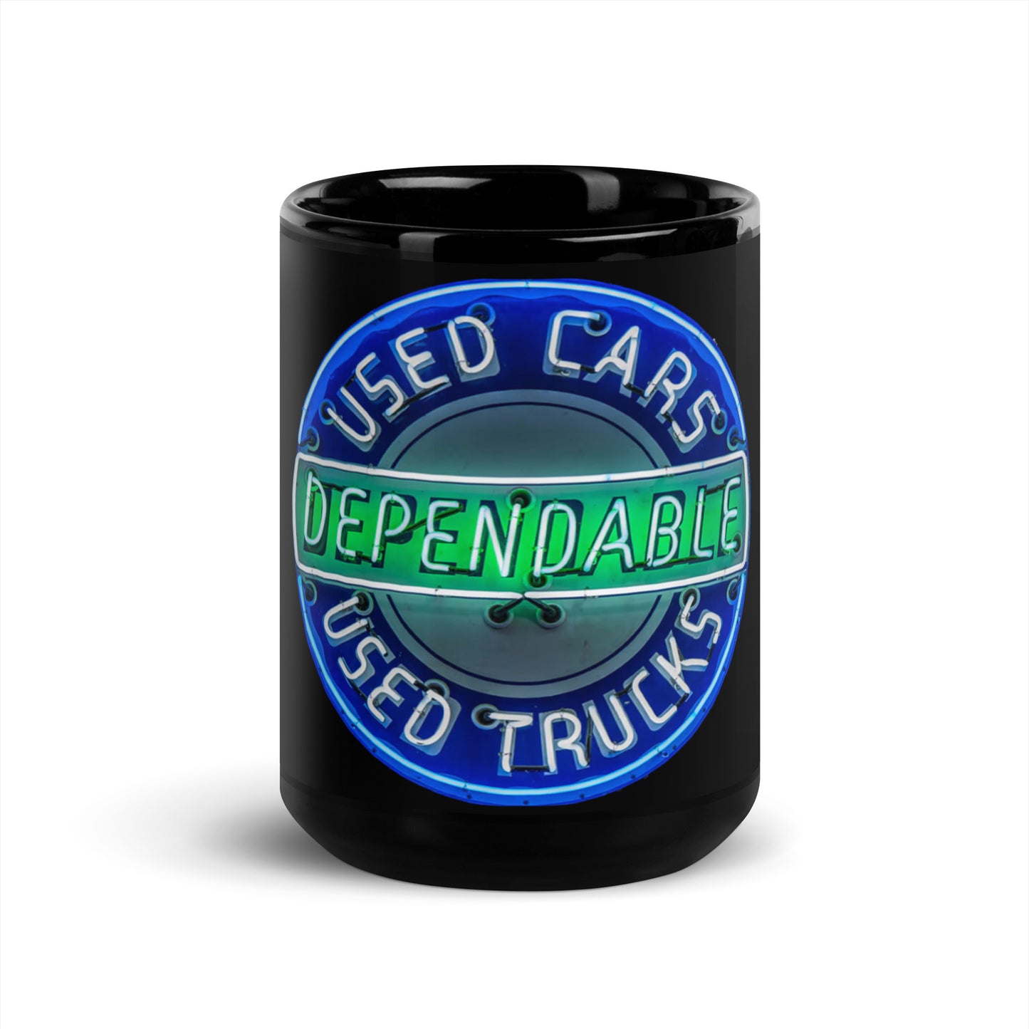 Retro Dependable Used Cars Neon Design Black Glossy Mug