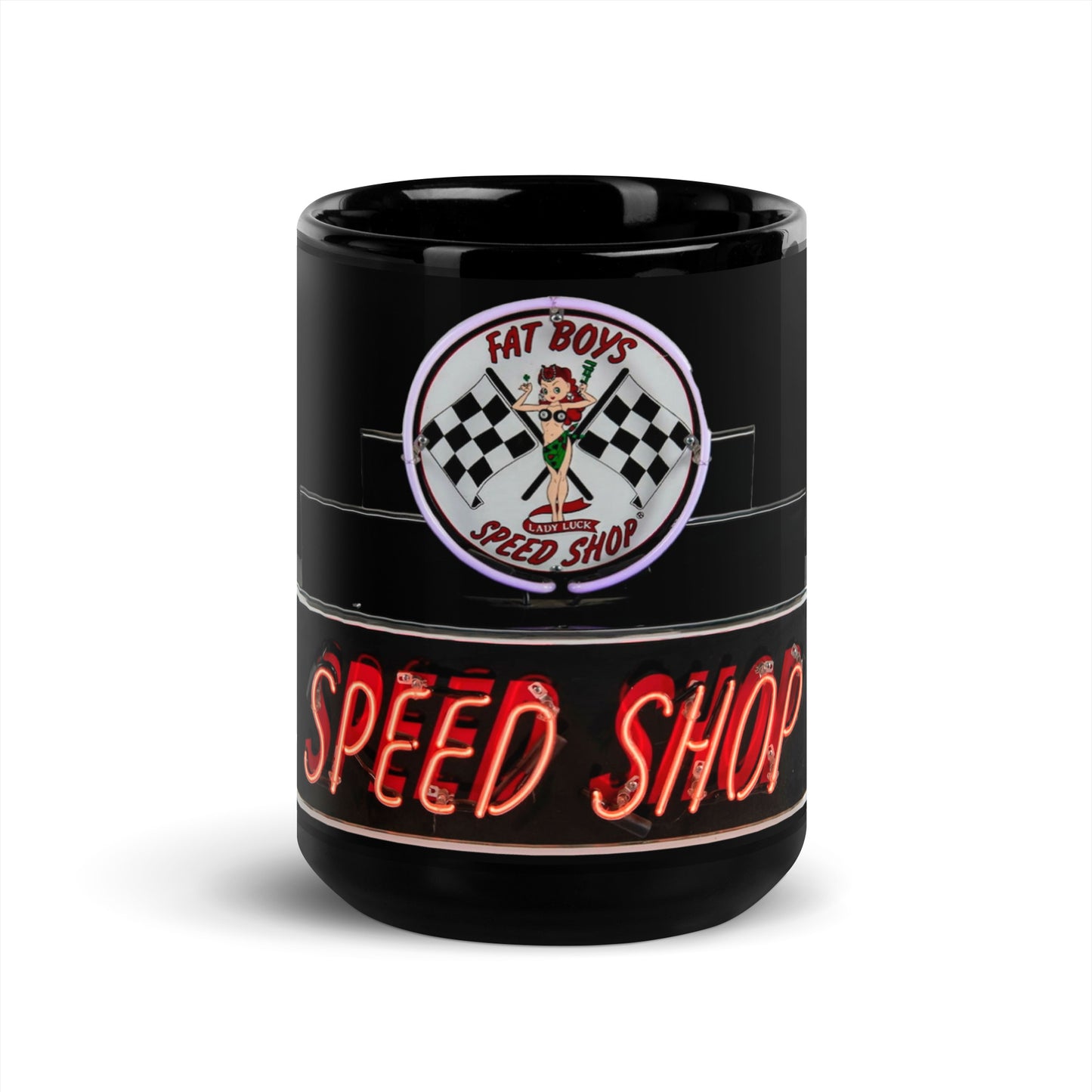 Vintage Neon Speed Shop Sign Black Glossy Mug