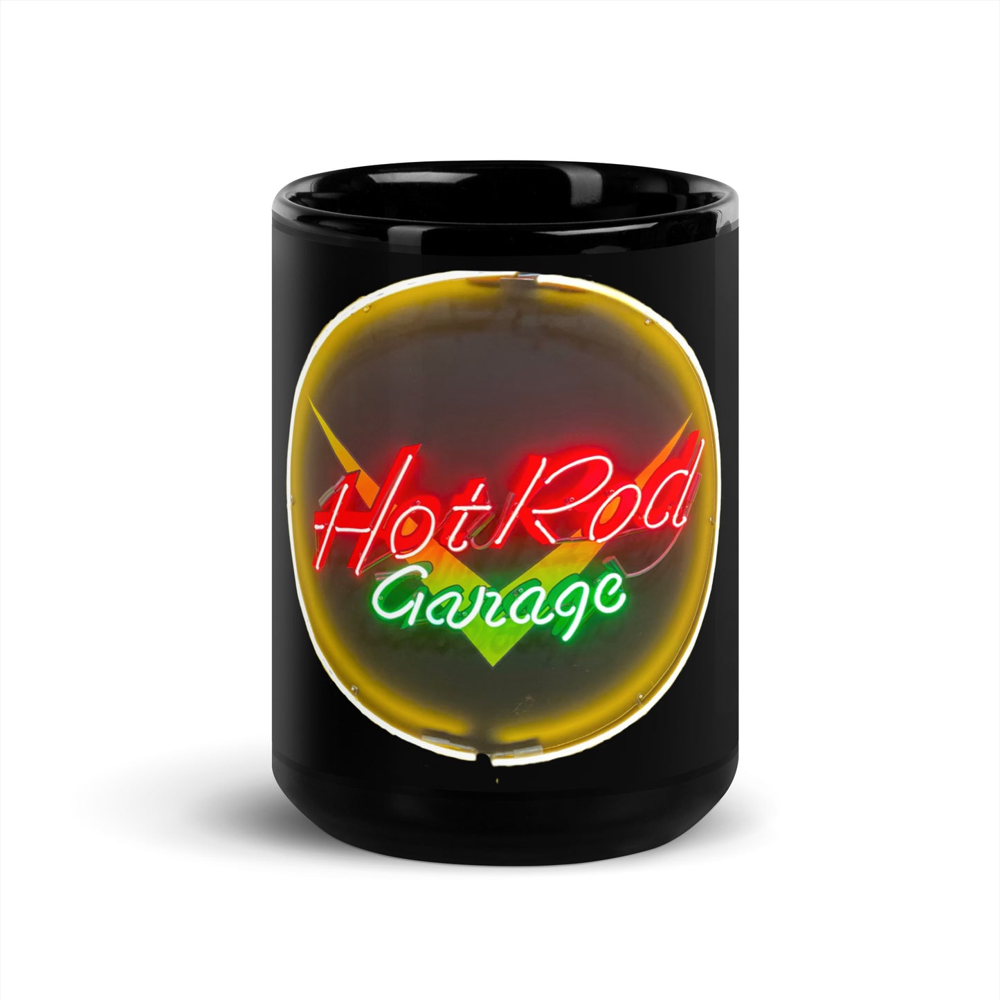 Hot Rod Garage Vintage Neon Sign Black Glossy Mug