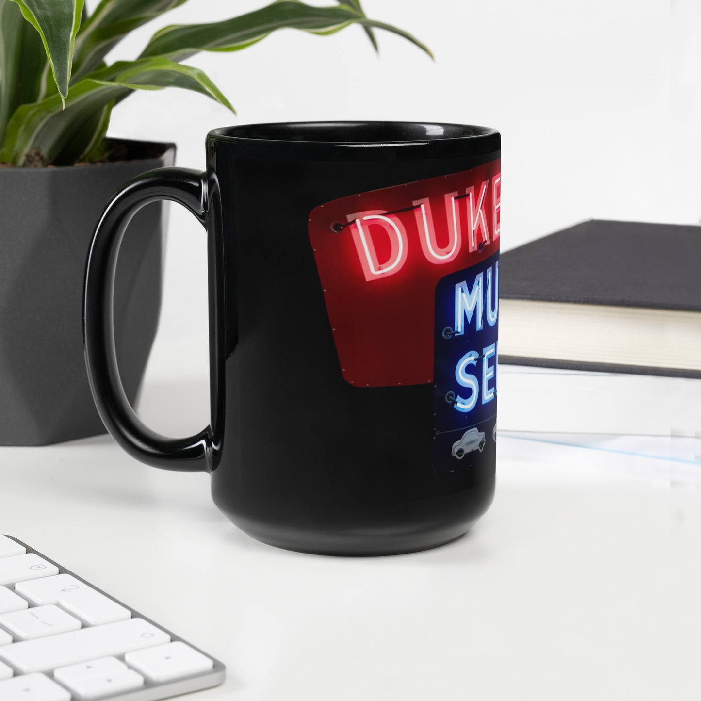 Duke + Bob Retro Neon Style Black Glossy Mug