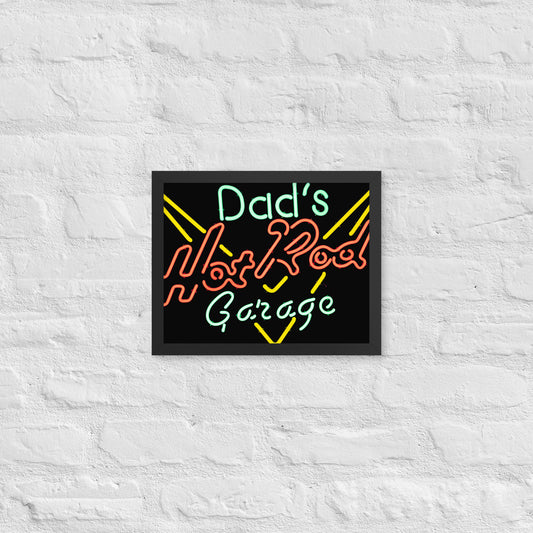 Dads Hot Rod Garage Retro Neon Sign Splatter Design Framed poster