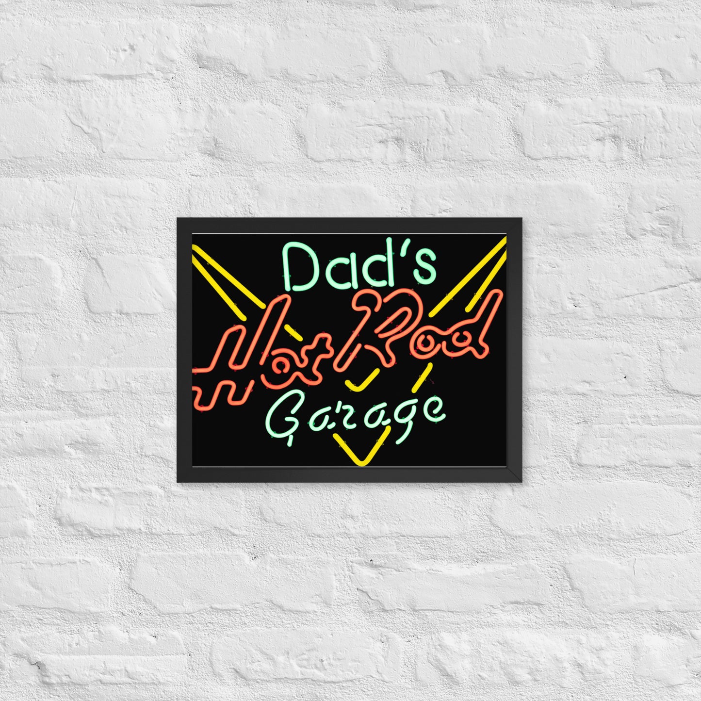 Dads Hot Rod Garage Retro Neon Sign Splatter Design Framed poster