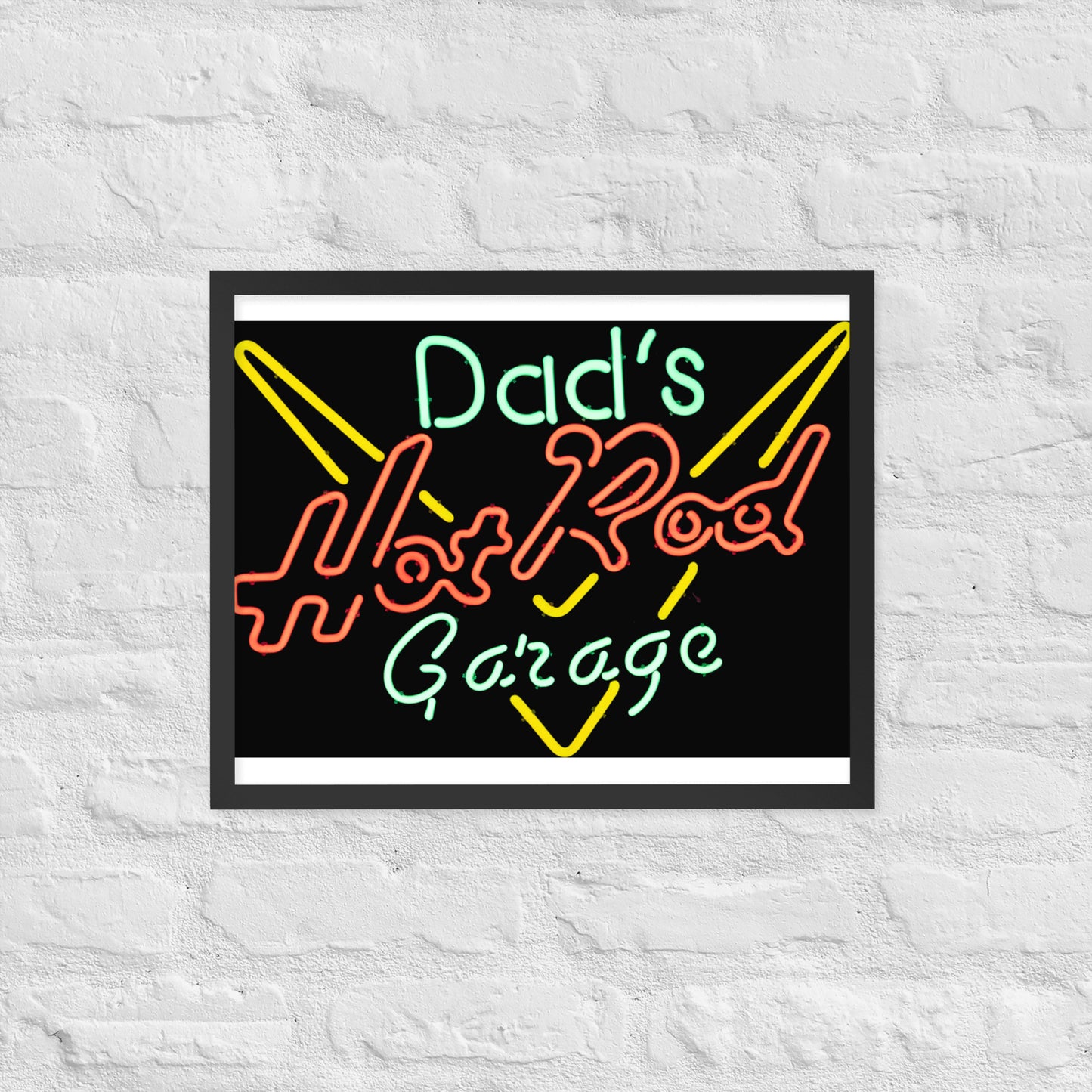 Dads Hot Rod Garage Retro Neon Sign Splatter Design Framed poster