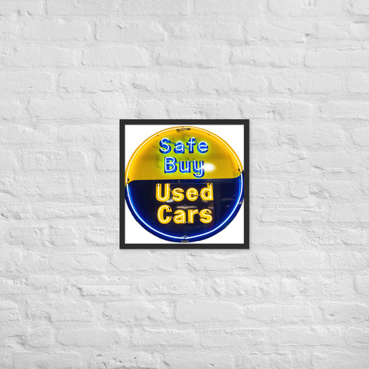 Buy Safe Vintage Used Car Sign Neon Style Framed poster