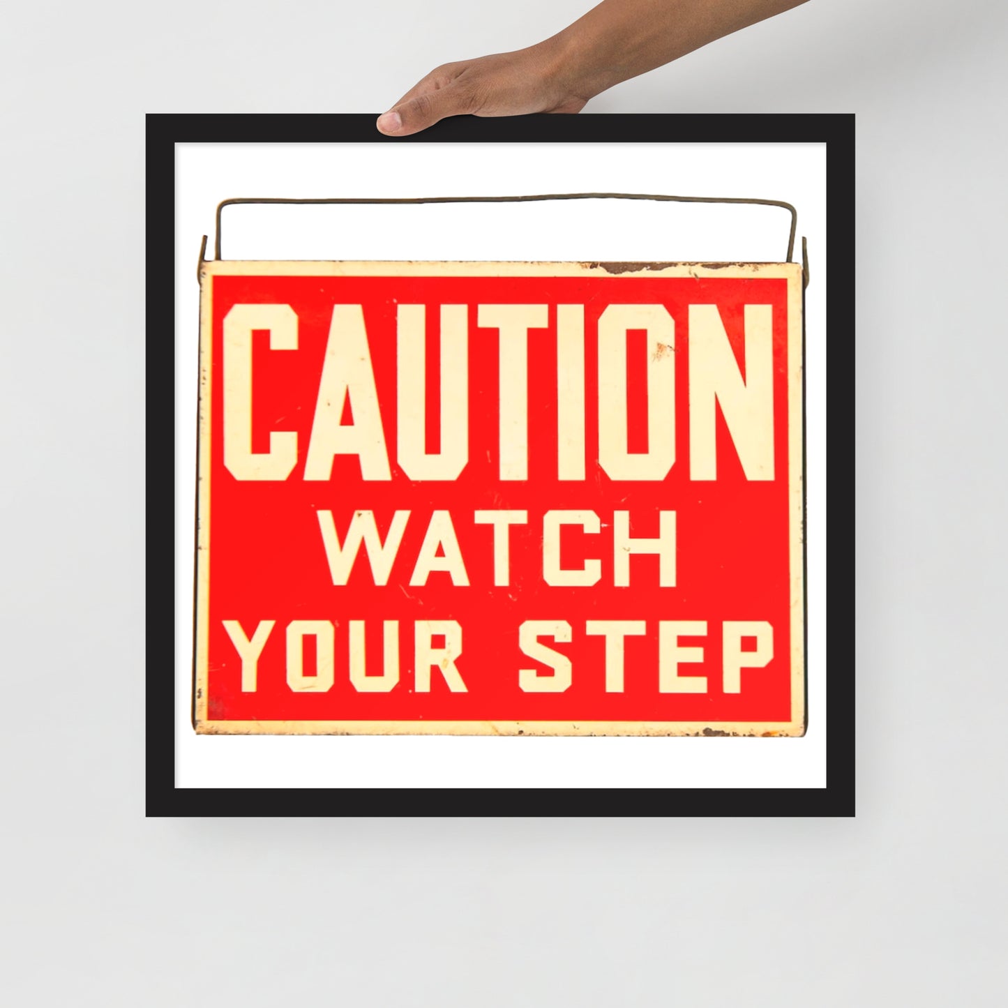 Vintage Wire Hung Caution Sign Framed poster