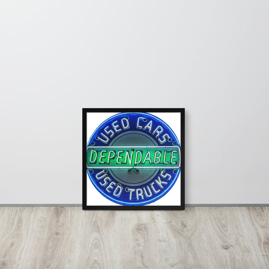 Retro Dependable Used Cars Neon Design Framed poster