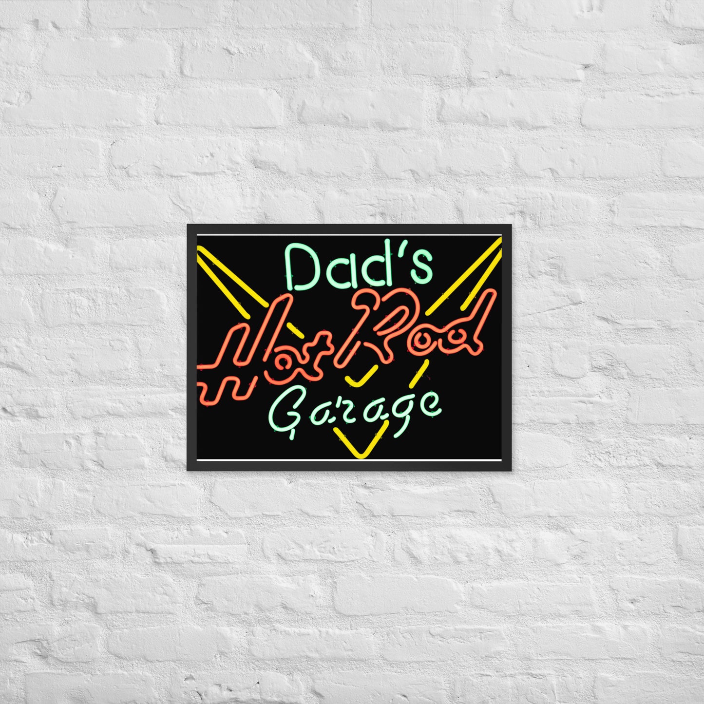 Dads Hot Rod Garage Retro Neon Sign Splatter Design Framed poster