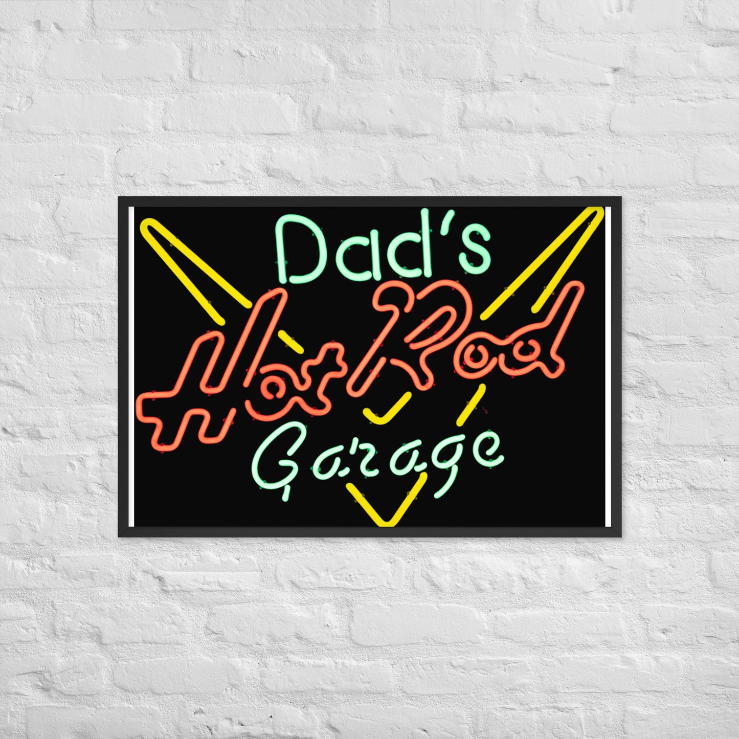 Dads Hot Rod Garage Retro Neon Sign Splatter Design Framed poster