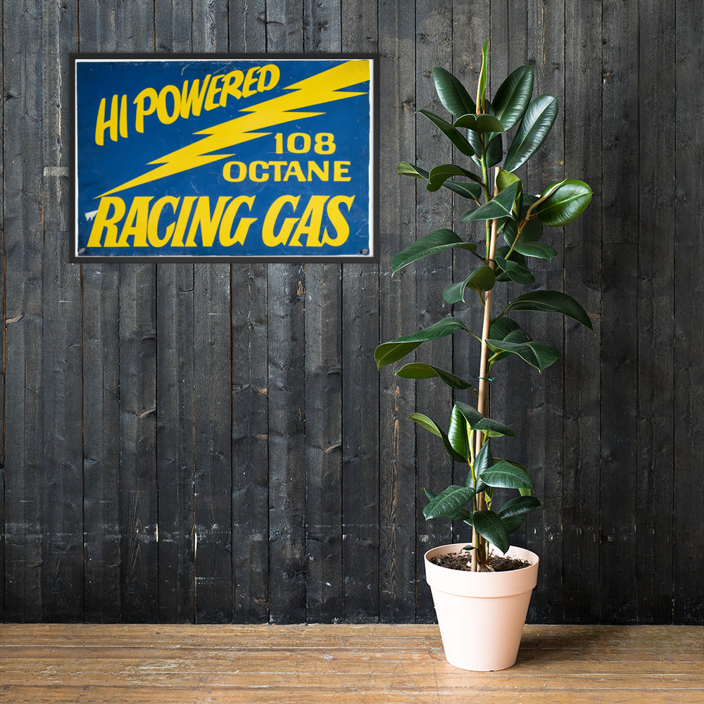 Vintage Racing Gas 108 Octane Porcelain Style Framed poster