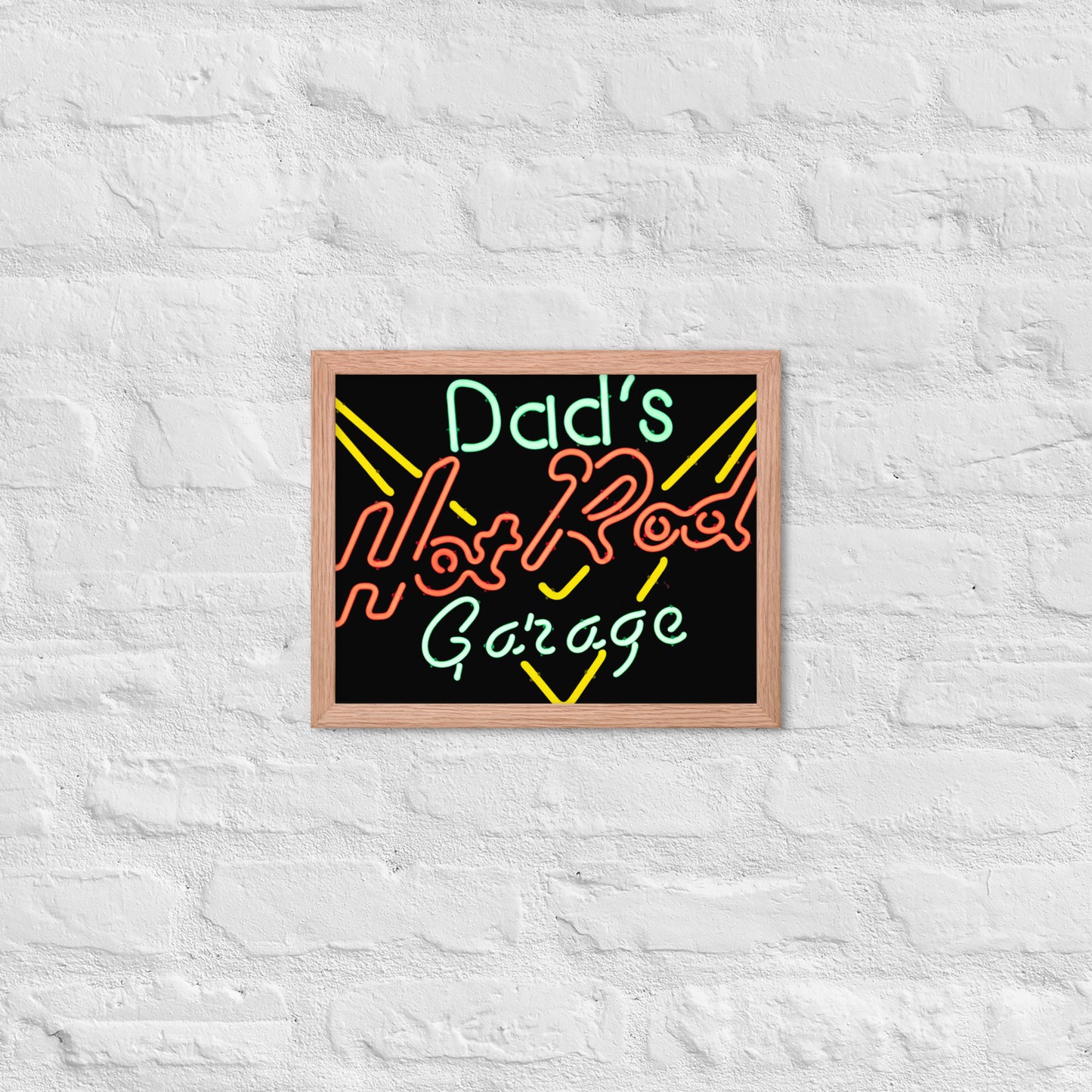 Dads Hot Rod Garage Retro Neon Sign Splatter Design Framed poster