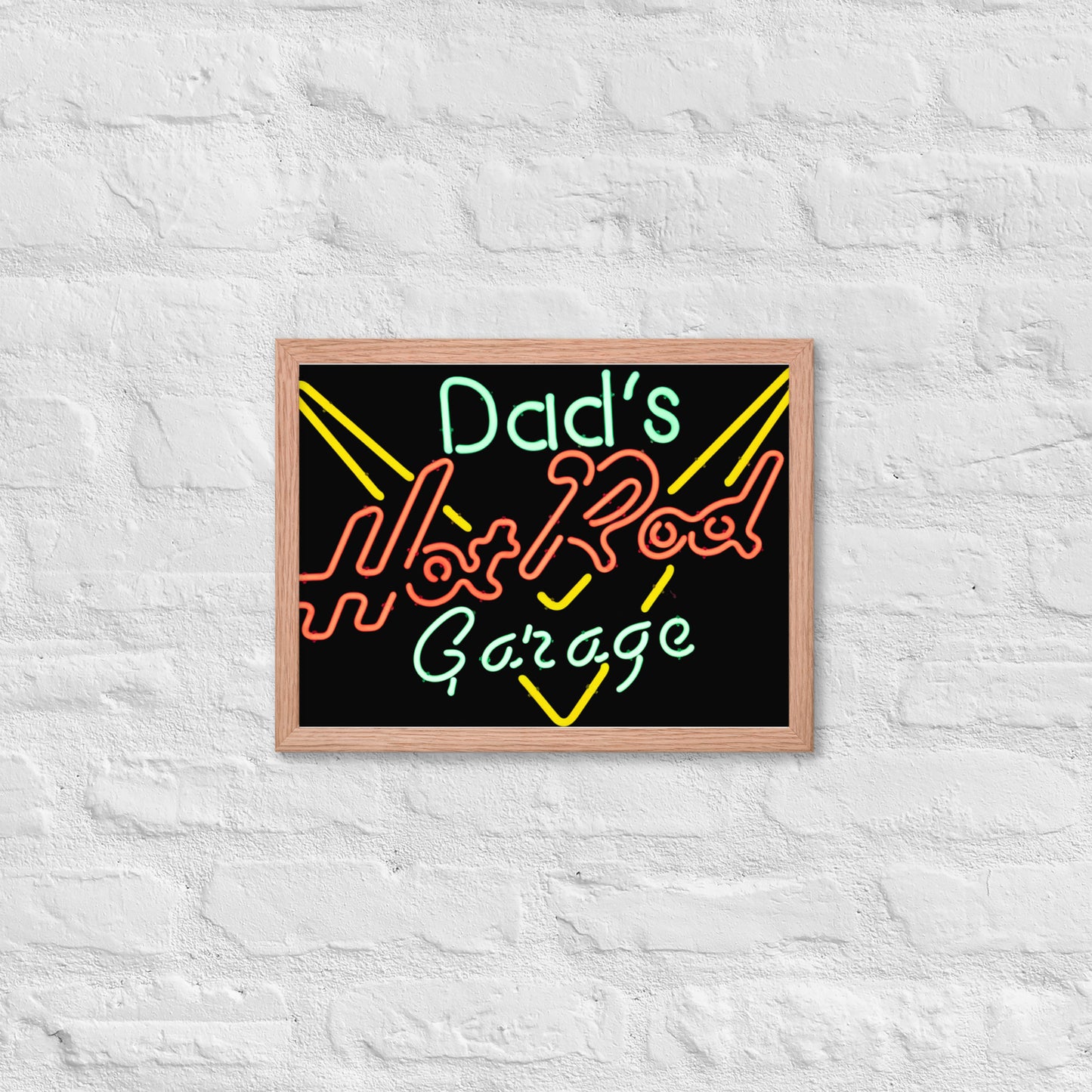 Dads Hot Rod Garage Retro Neon Sign Splatter Design Framed poster