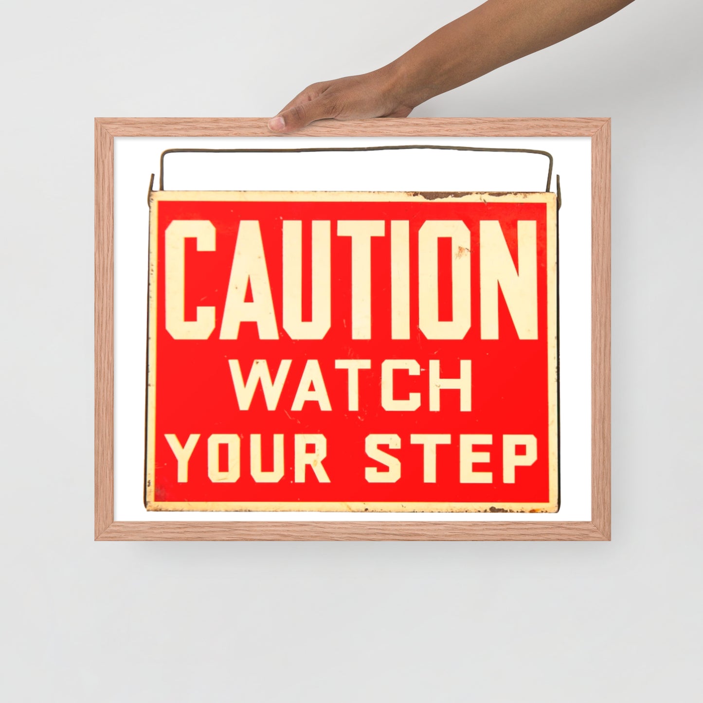 Vintage Wire Hung Caution Sign Framed poster