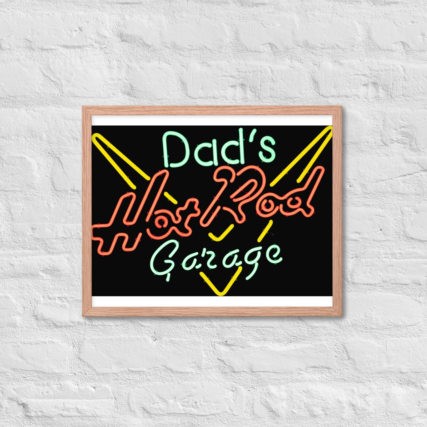 Dads Hot Rod Garage Retro Neon Sign Splatter Design Framed poster