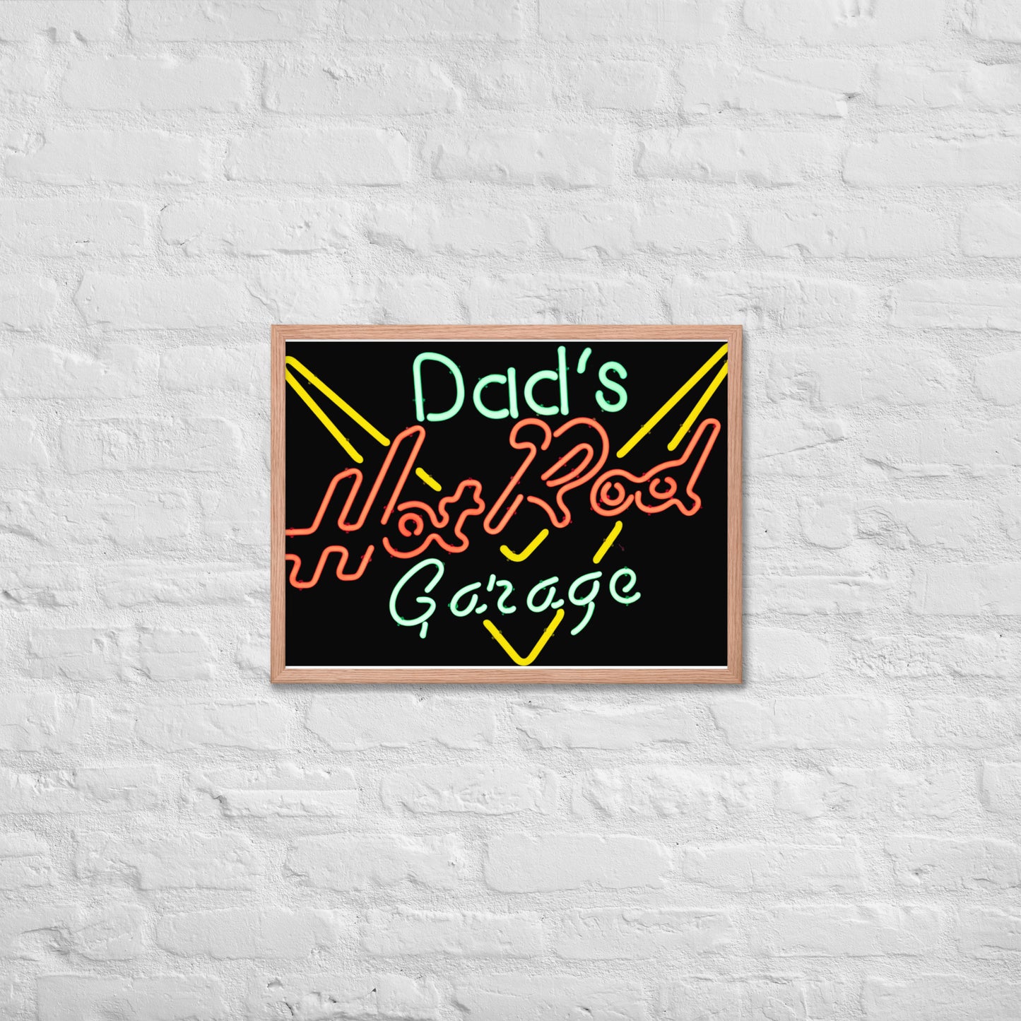 Dads Hot Rod Garage Retro Neon Sign Splatter Design Framed poster