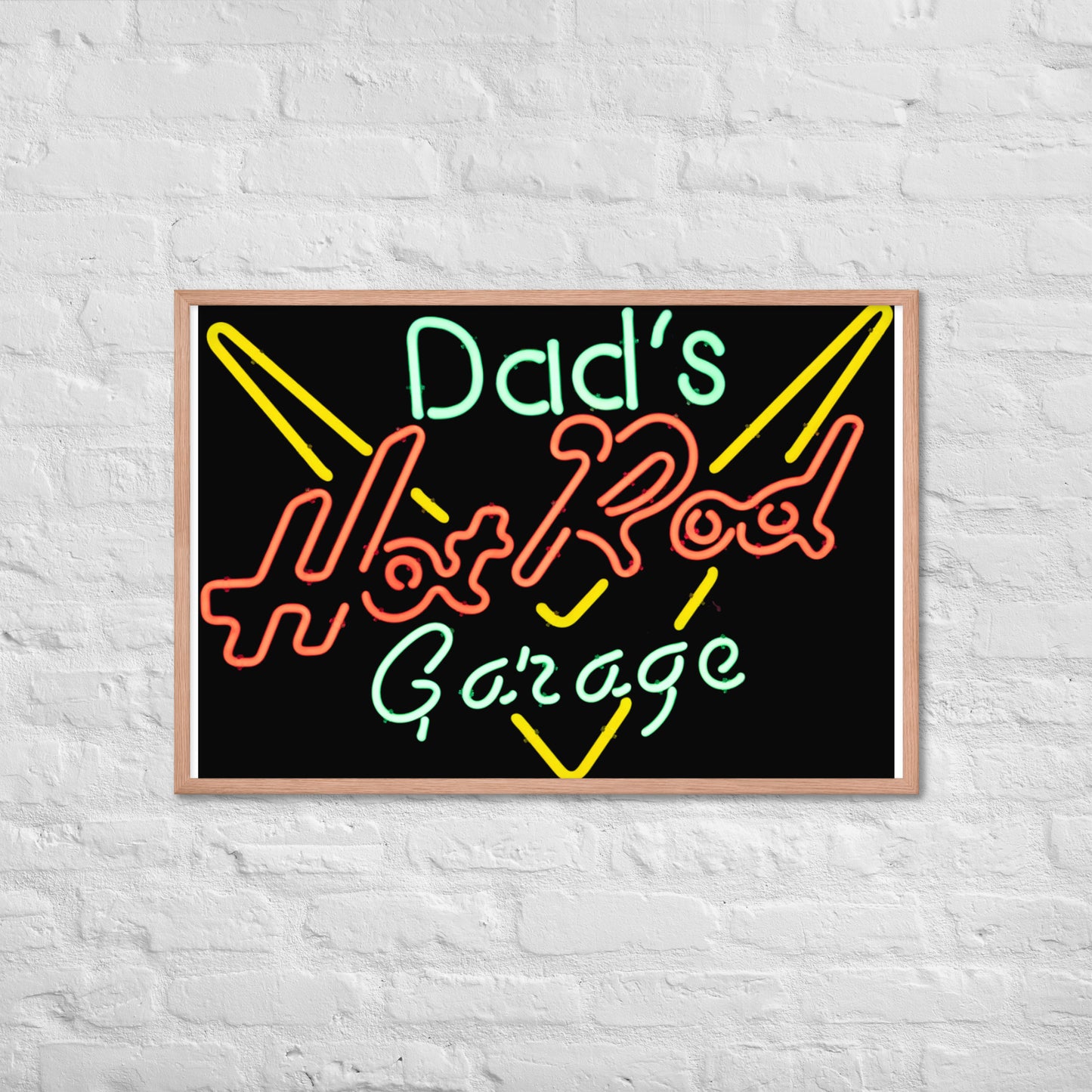 Dads Hot Rod Garage Retro Neon Sign Splatter Design Framed poster