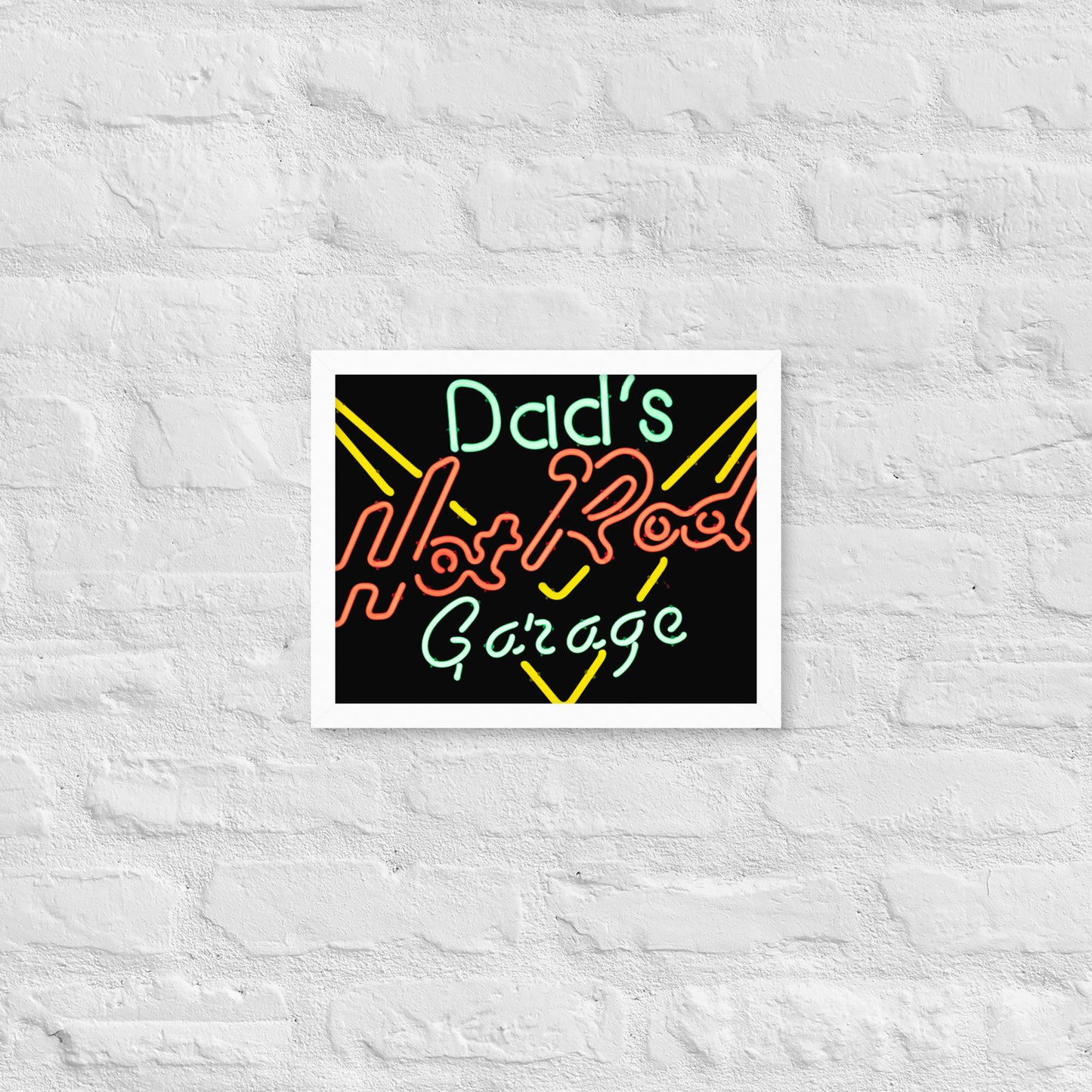 Dads Hot Rod Garage Retro Neon Sign Splatter Design Framed poster