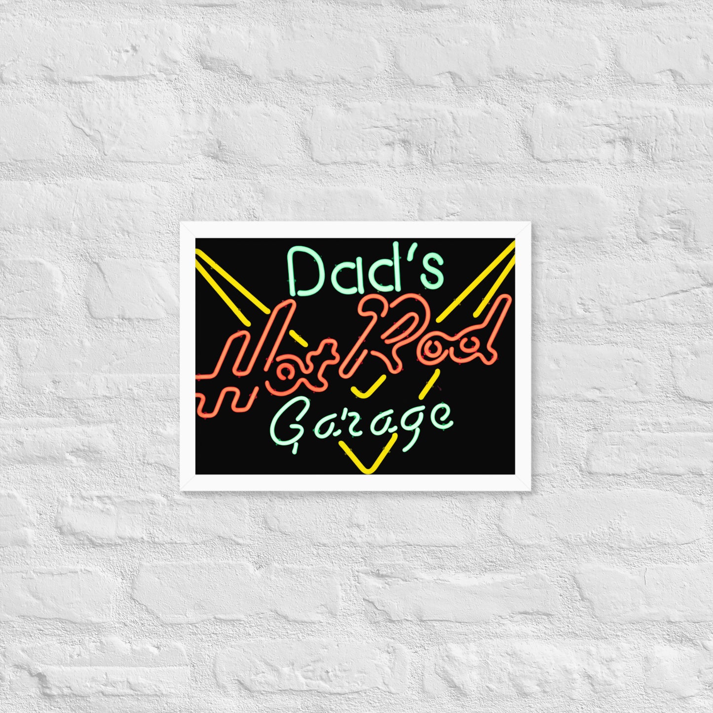 Dads Hot Rod Garage Retro Neon Sign Splatter Design Framed poster