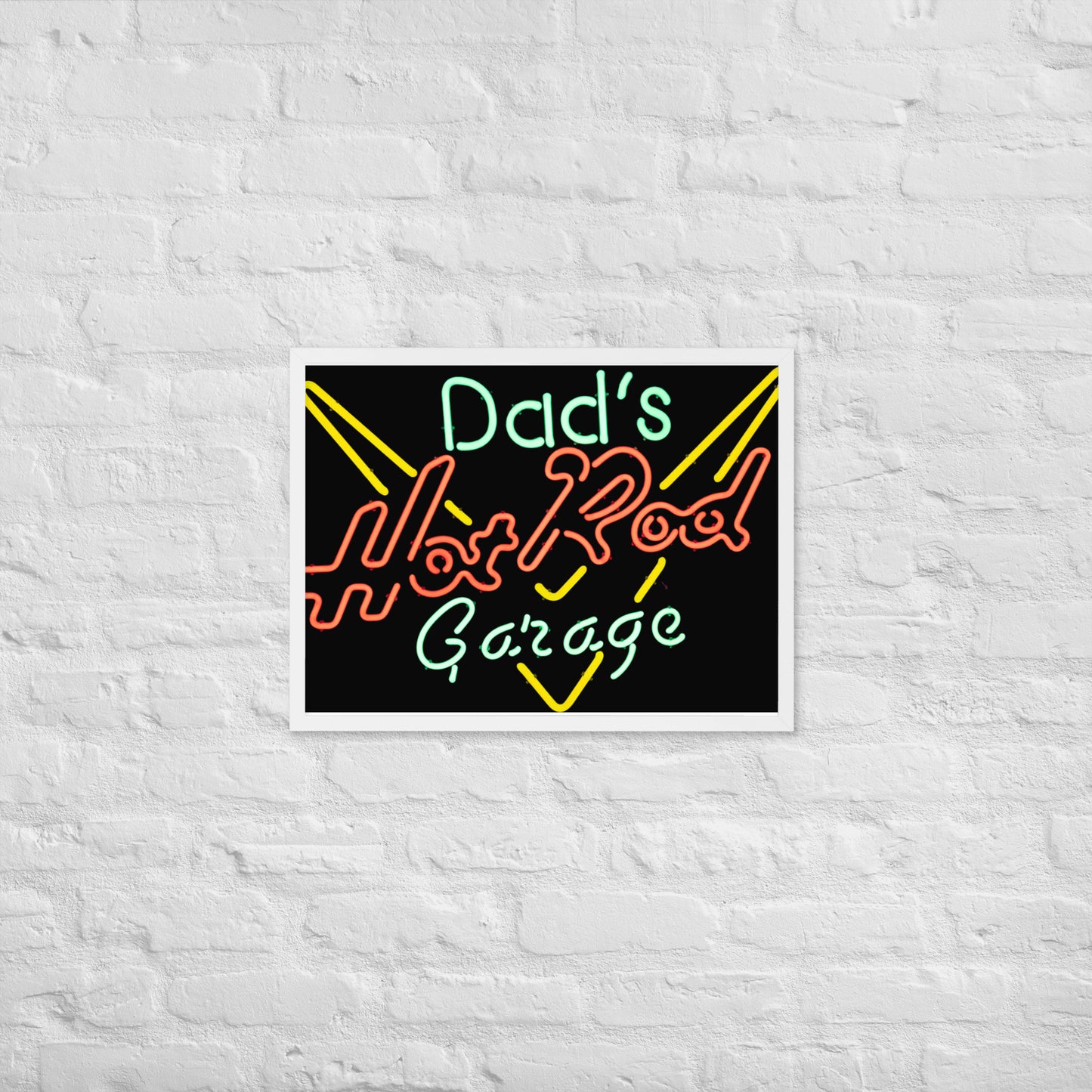 Dads Hot Rod Garage Retro Neon Sign Splatter Design Framed poster