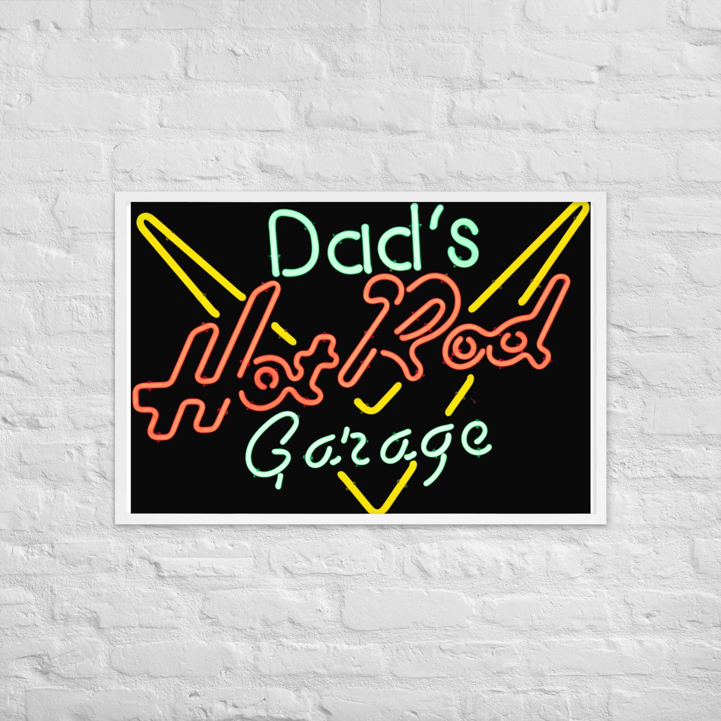 Dads Hot Rod Garage Retro Neon Sign Splatter Design Framed poster