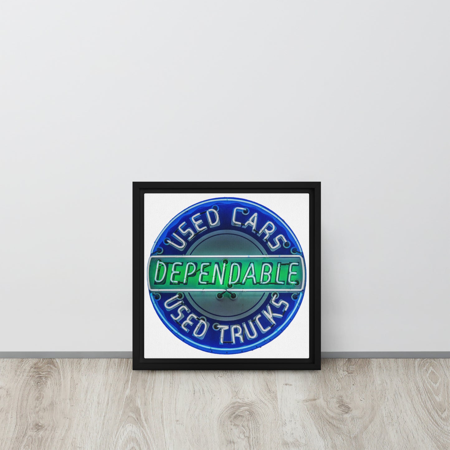 Retro Dependable Used Cars Neon Design Framed canvas