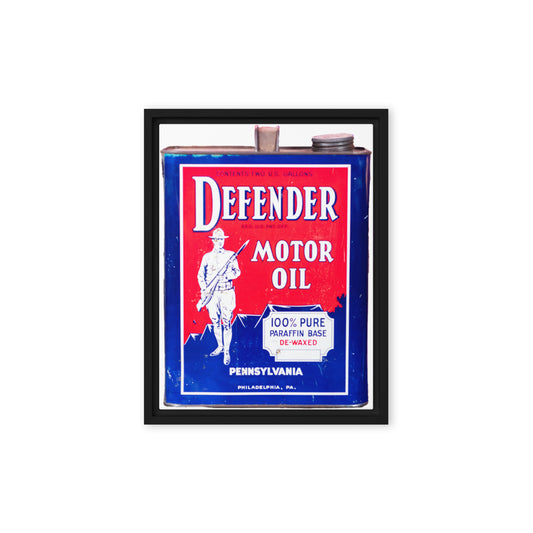 Vintage Defender Oil Steel Can Design Framed canvas