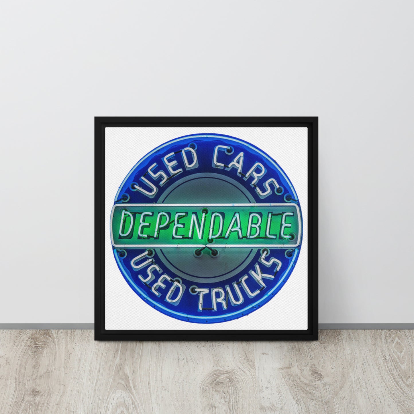 Retro Dependable Used Cars Neon Design Framed canvas