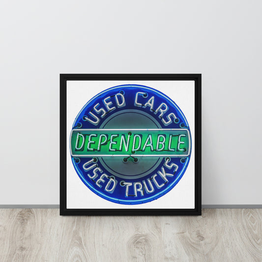 Retro Dependable Used Cars Neon Design Framed canvas