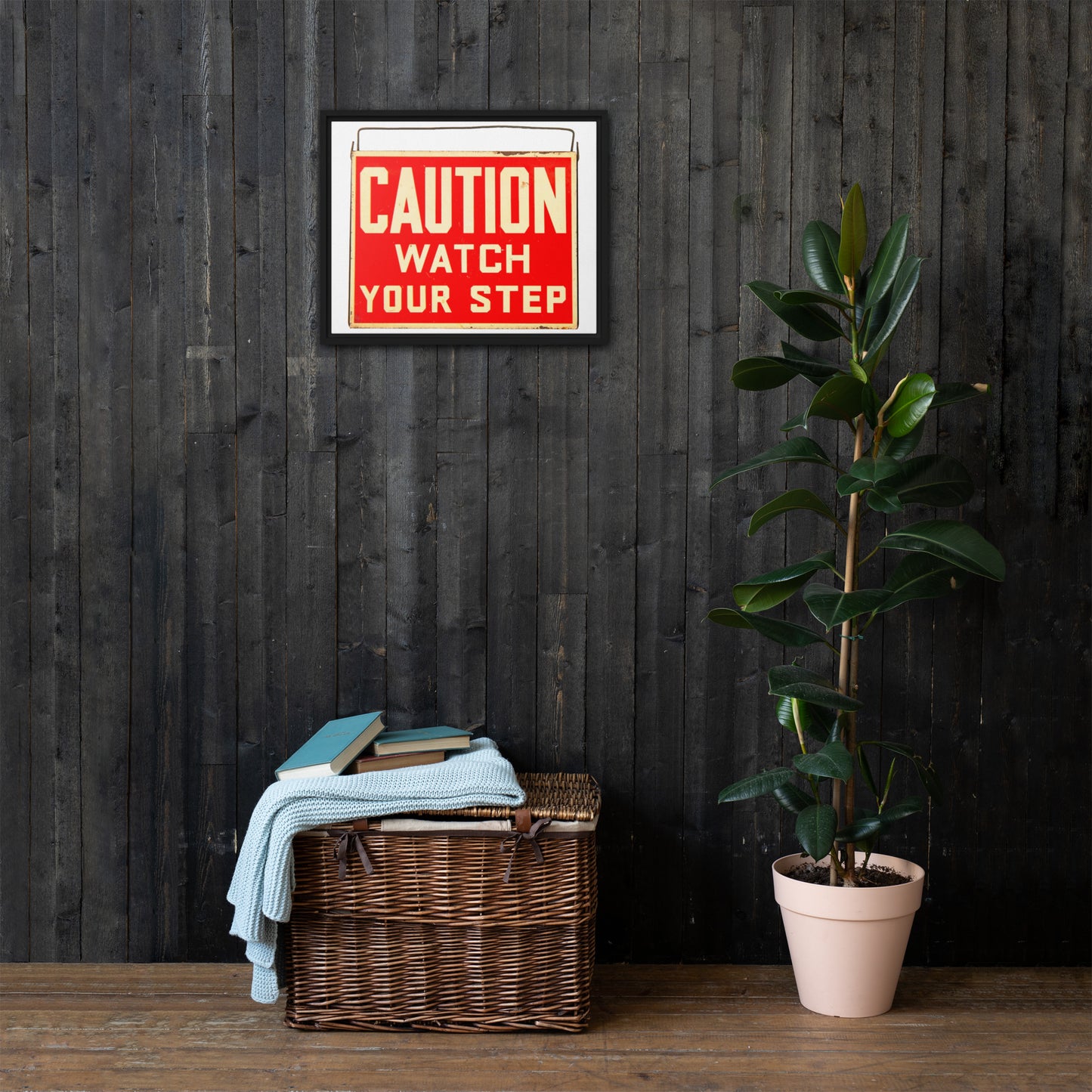 Vintage Wire Hung Caution Sign Framed canvas