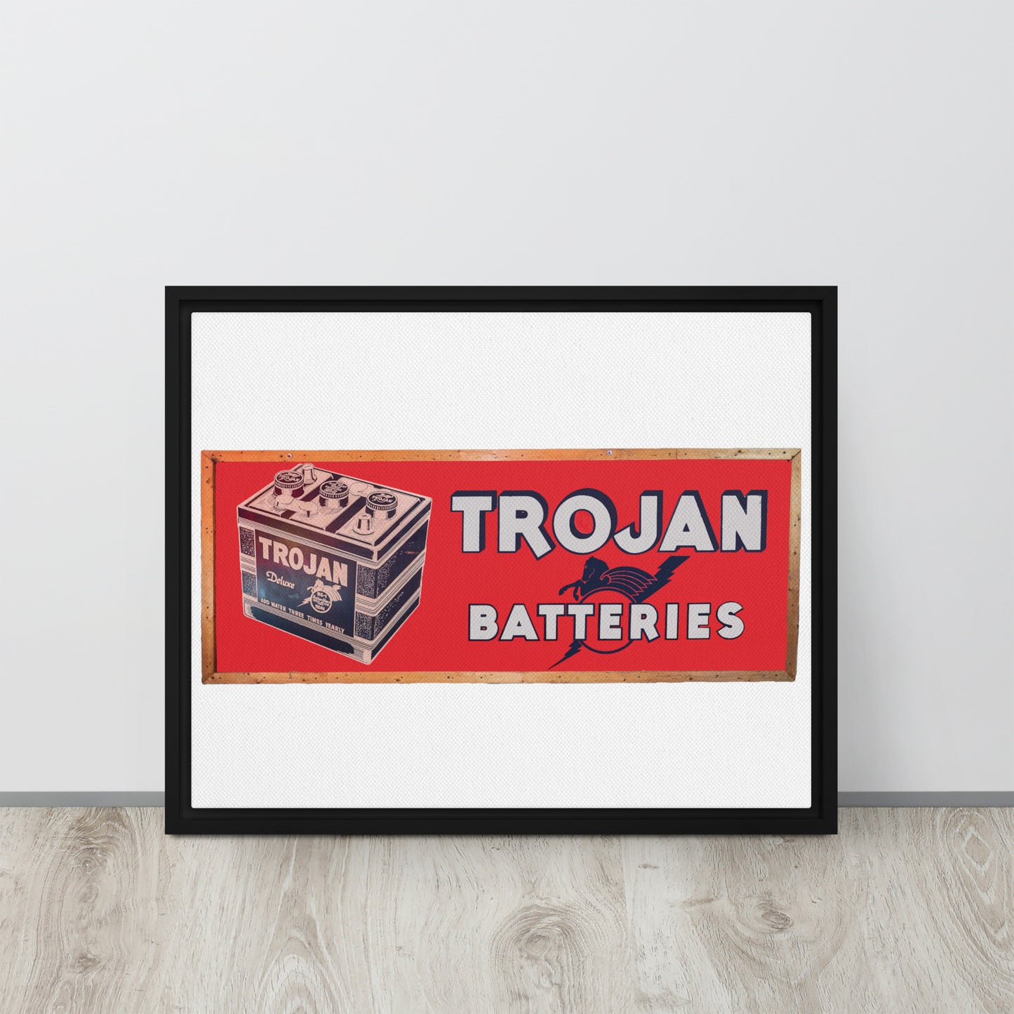 Vintage Trojan Battery Sign Framed canvas