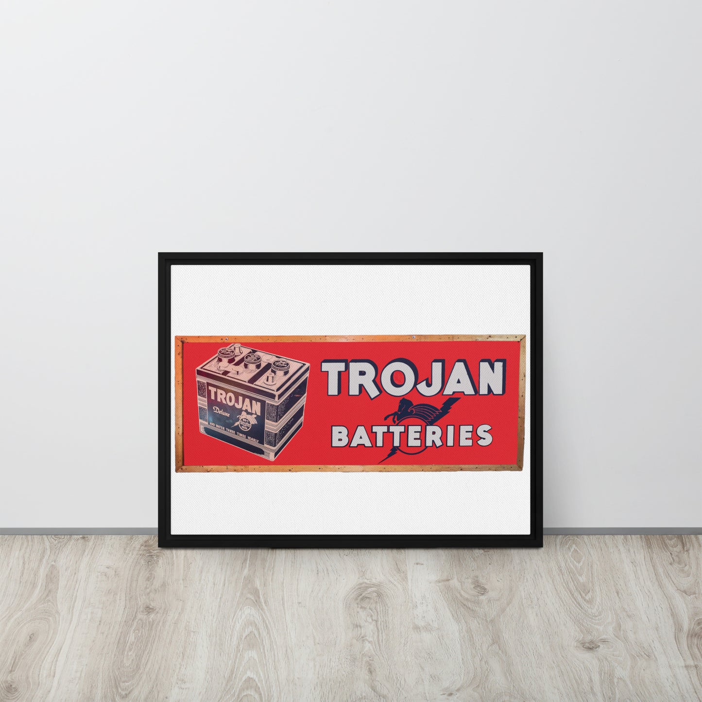 Vintage Trojan Battery Sign Framed canvas