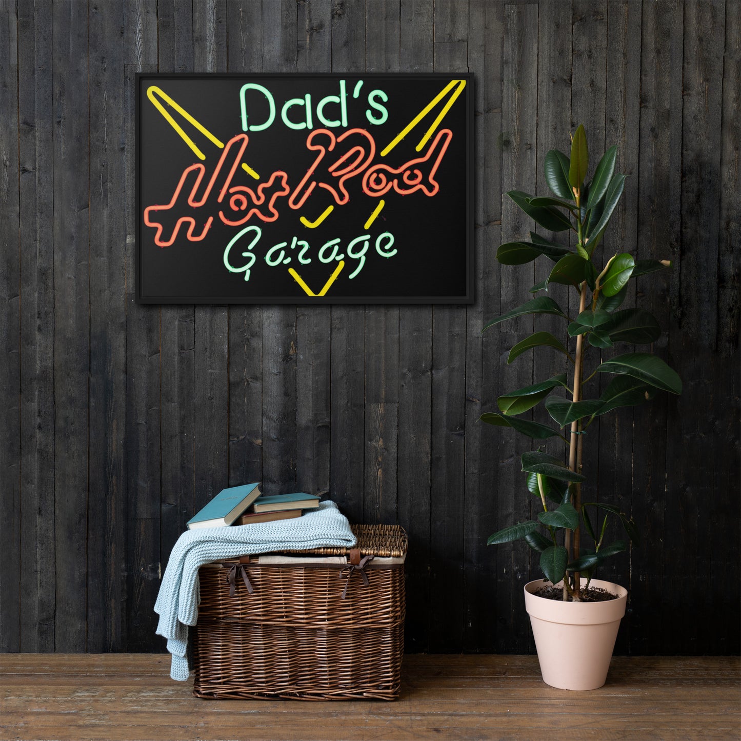 Dads Hot Rod Garage Retro Neon Sign Splatter Design Framed canvas