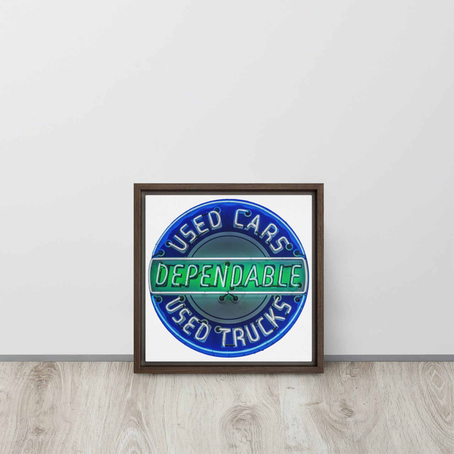 Retro Dependable Used Cars Neon Design Framed canvas