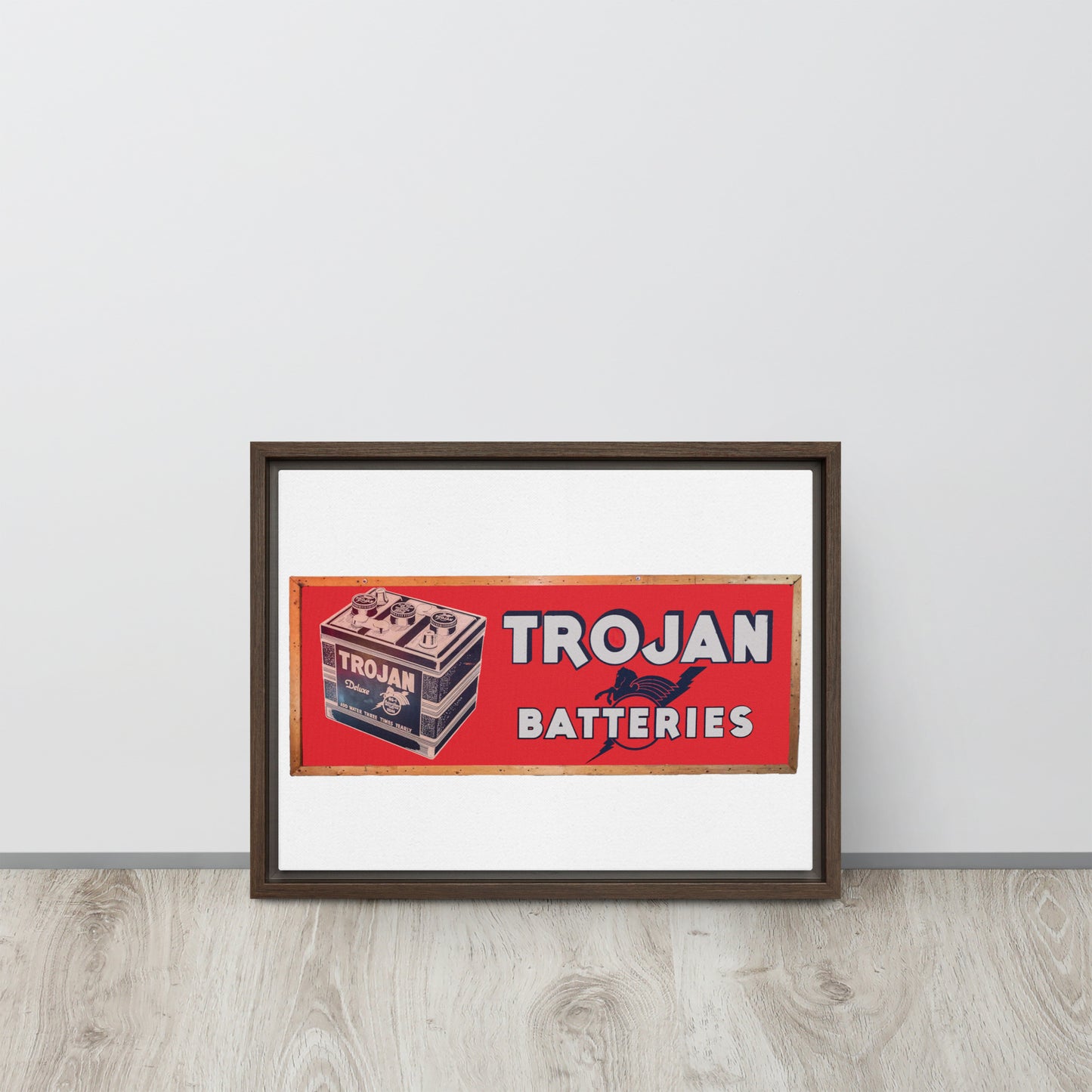 Vintage Trojan Battery Sign Framed canvas