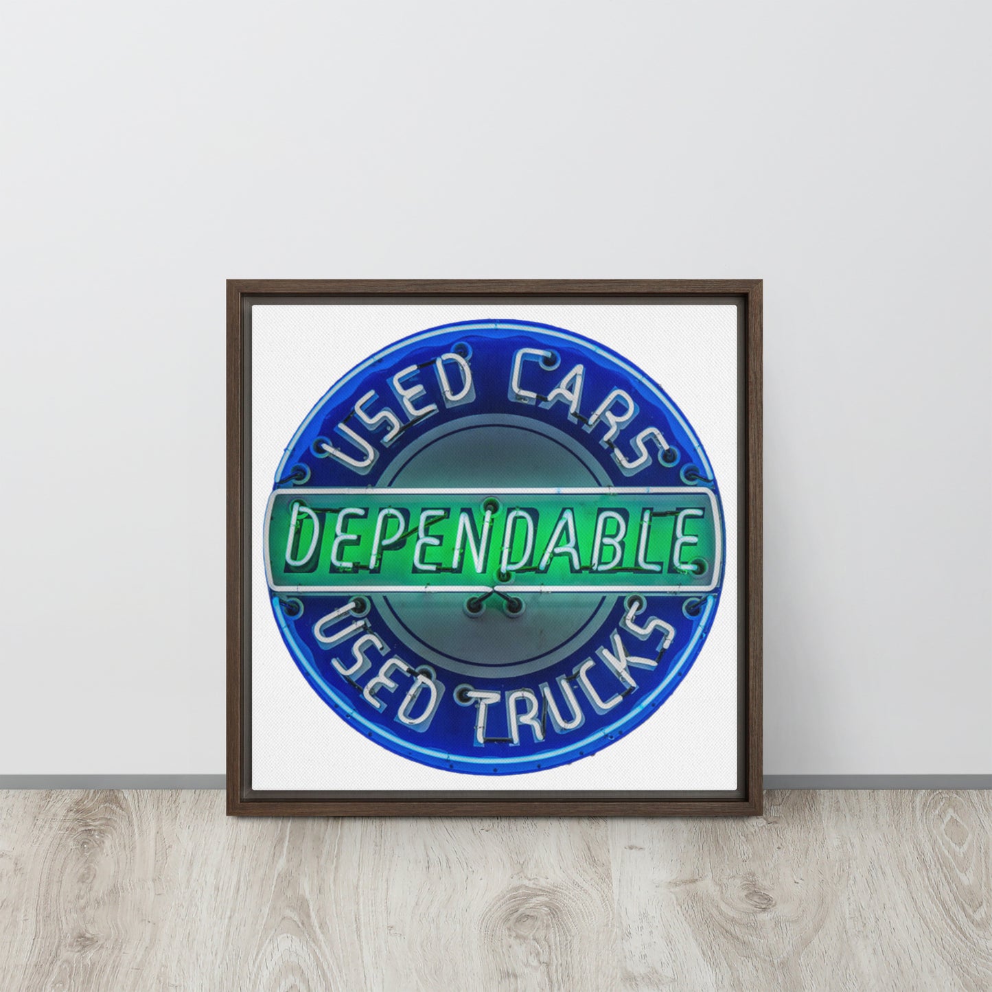 Retro Dependable Used Cars Neon Design Framed canvas