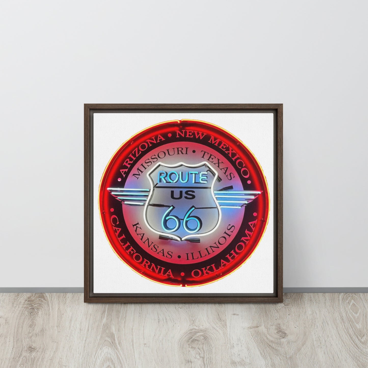 Vintage Route 66 Neon Style Lit Framed canvas