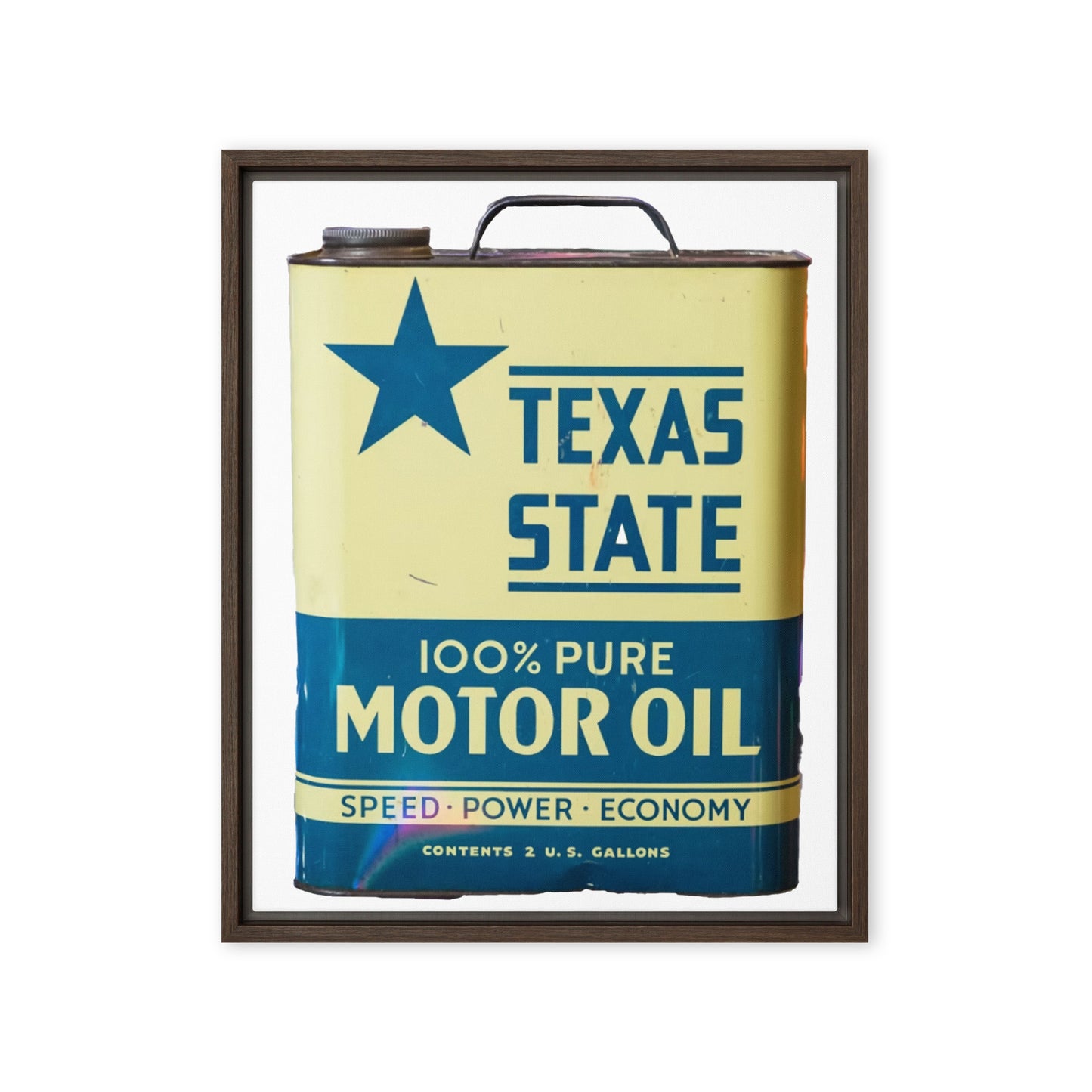 Texas State Motor Oil Steel Gallon Design on Framed canvas