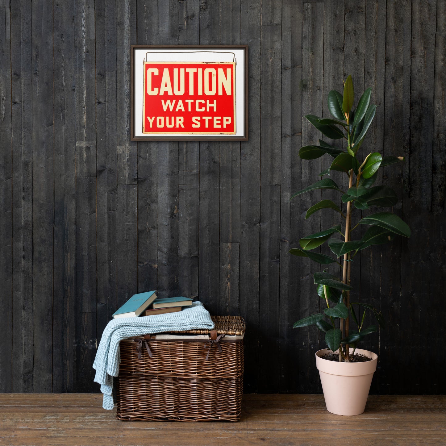 Vintage Wire Hung Caution Sign Framed canvas