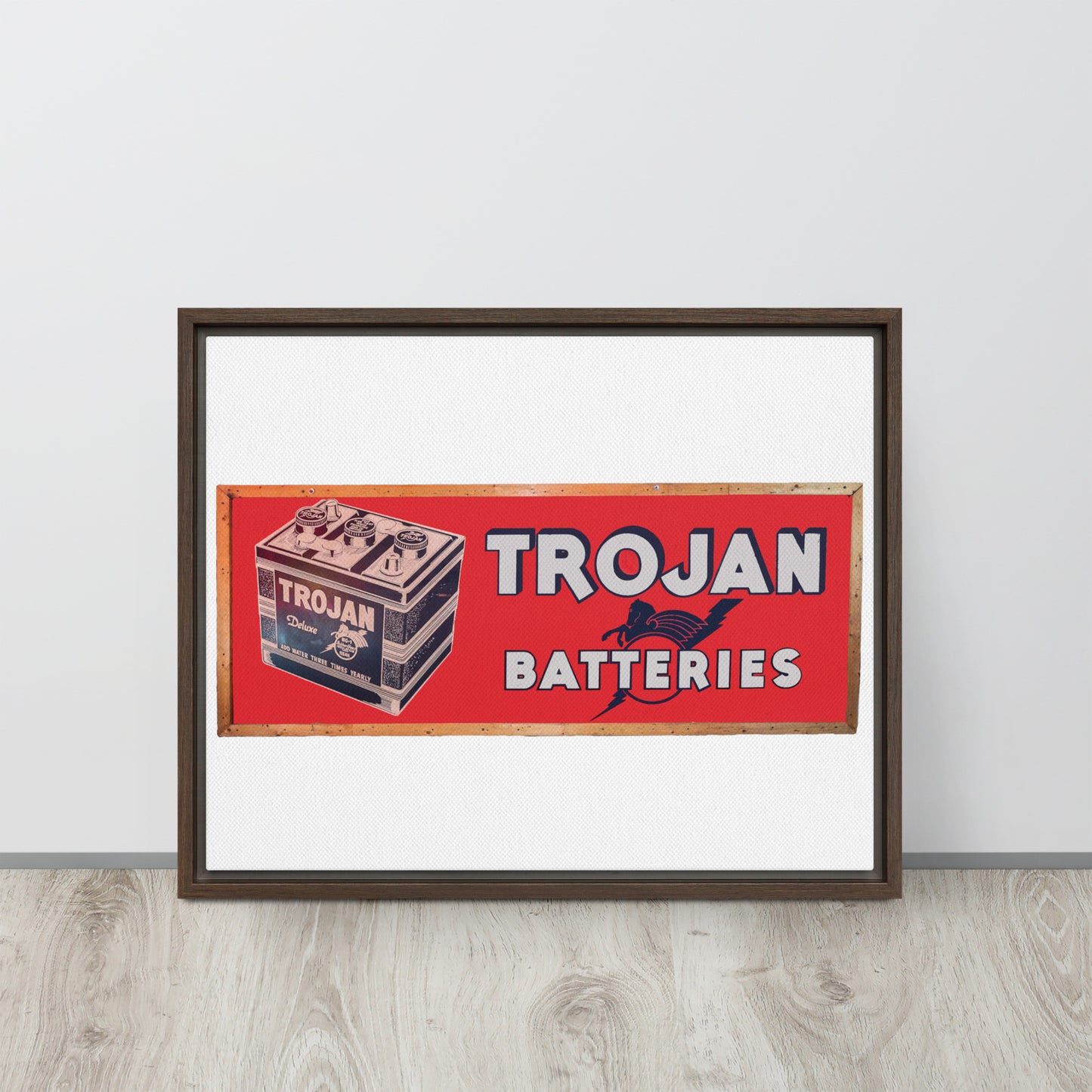 Vintage Trojan Battery Sign Framed canvas