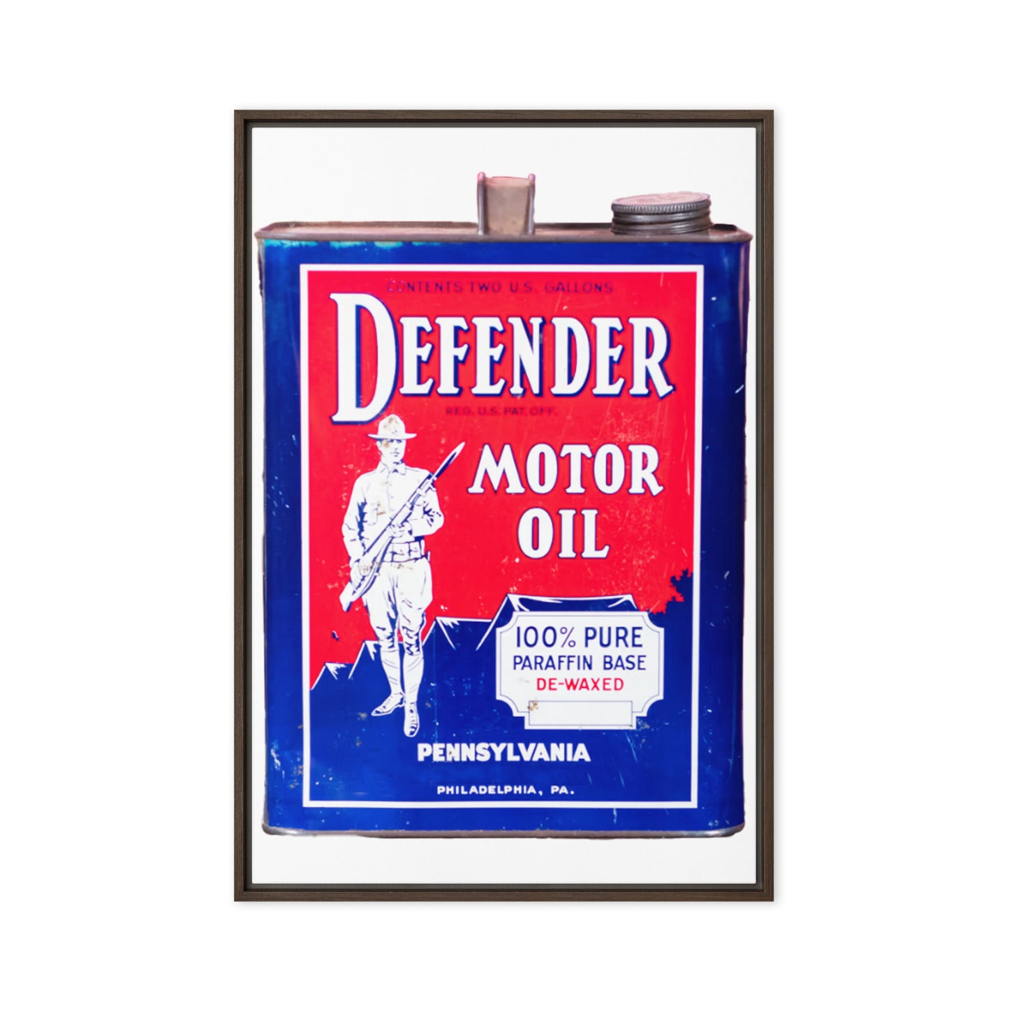 Vintage Defender Oil Steel Can Design Framed canvas