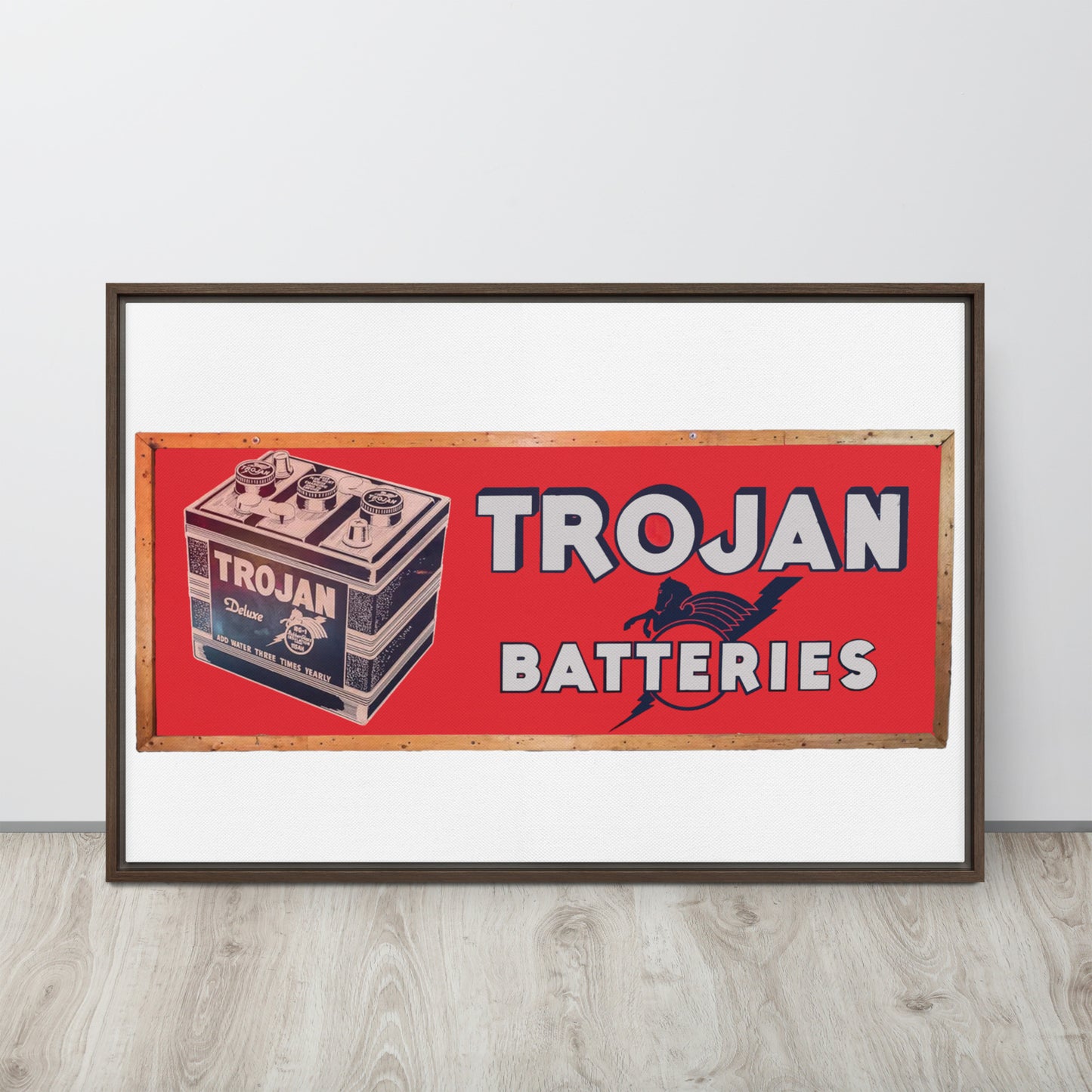 Vintage Trojan Battery Sign Framed canvas