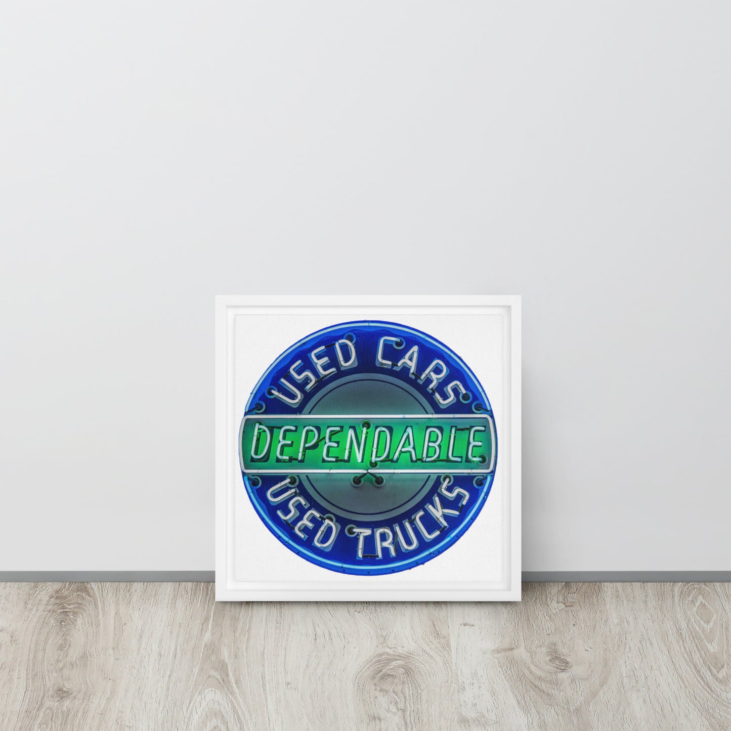 Retro Dependable Used Cars Neon Design Framed canvas